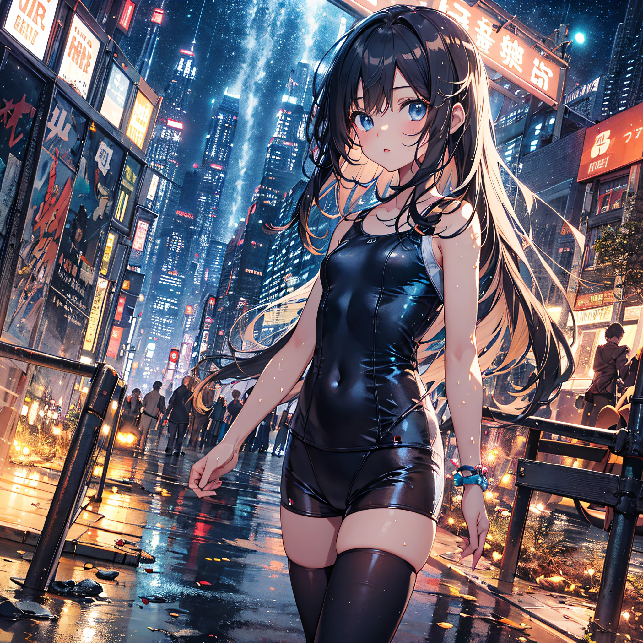 ultra detailed game CG, (High resolution:1.1),(absurderes:1.1), 1girl in, Girl, swim wears,Solo, Simple Anime, nightcity, Overlooking the night view from a height