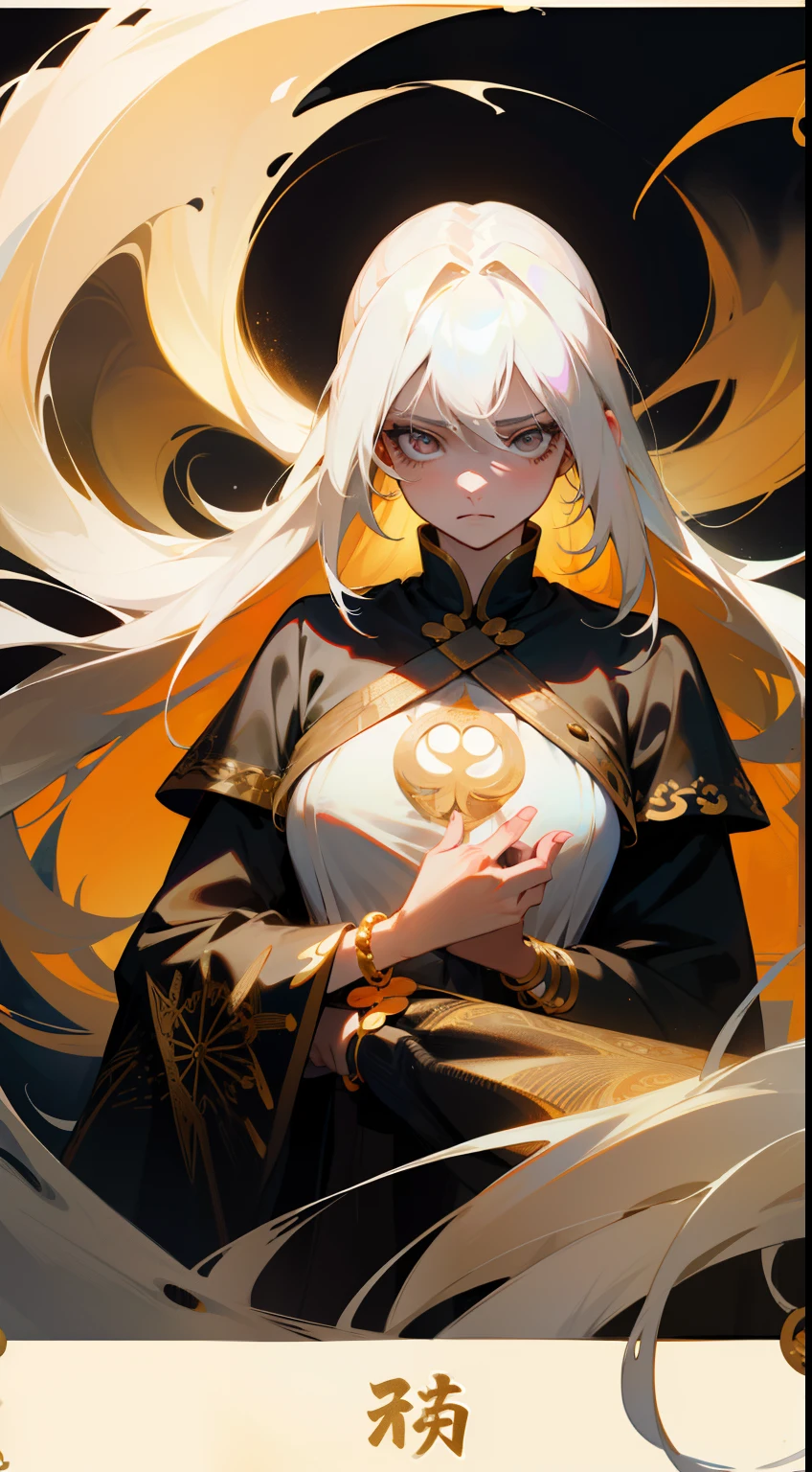 1 girl, White hair, Blonde woman, Very long hair,Cold white eyes, pastelcolor, big breastes, Deities,Gold tattoo on the body, Bracelet on the hand, The poster of the film features a young woman as the central character。She stands confidently in the center of the poster,Wear vintage kaft clothing,with a determined expression on her face。The background is dark and grainy,There is a sense of danger and a strong awareness。Adds overall drama and excitement。The color palette is dominated by dark colors,Dotted with bright colors