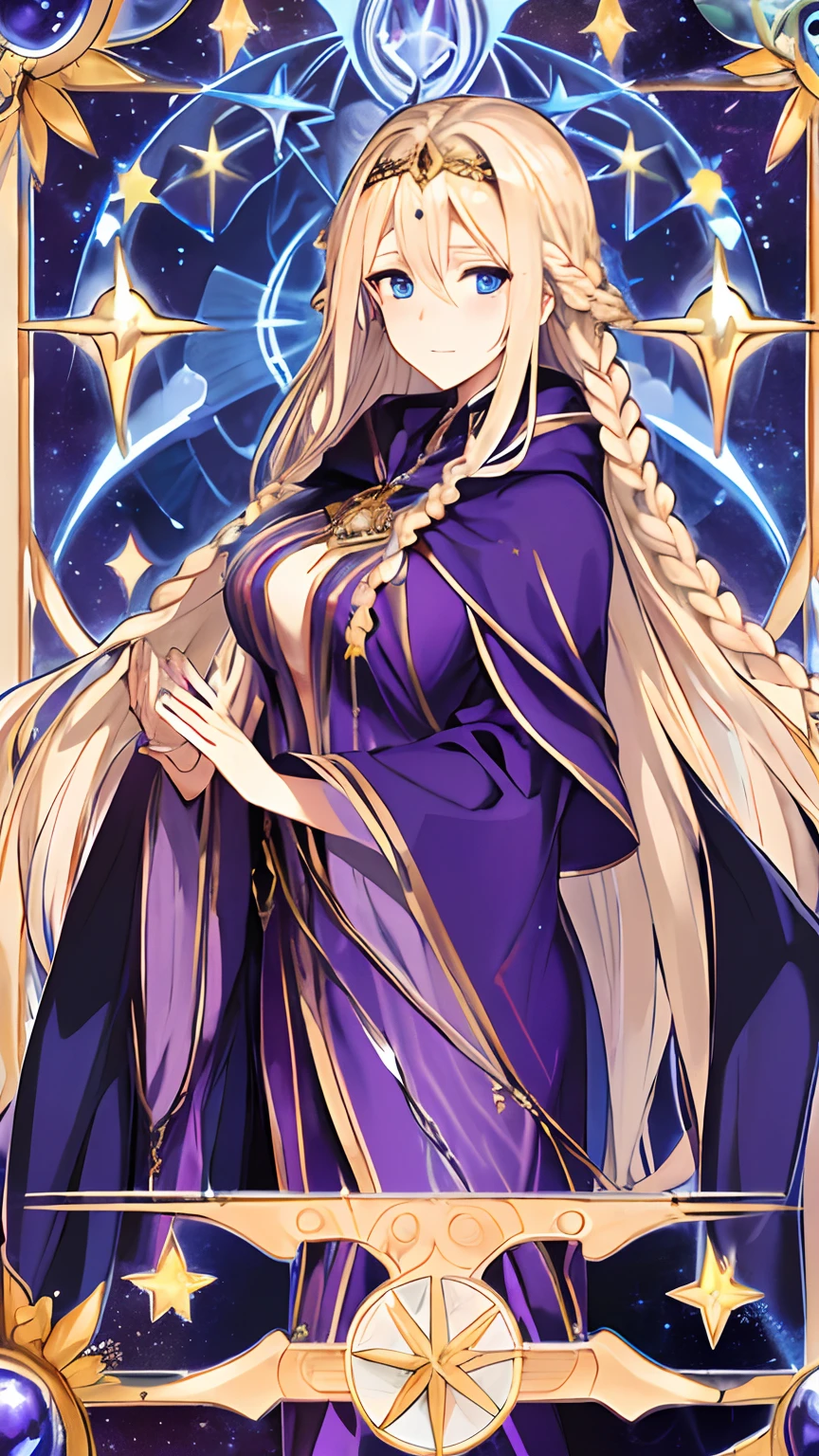 long braided blonde hair, fantasy, blue eyes, female, beautiful, shy, adult, mature woman, purple robe, wizard,  stars, space, astrology, golden jewellery, hair accessory, stars in hair, transparent cloak, hands in hair, middle-aged, long eyelashes, long robe, large breasts, thin eyes,
