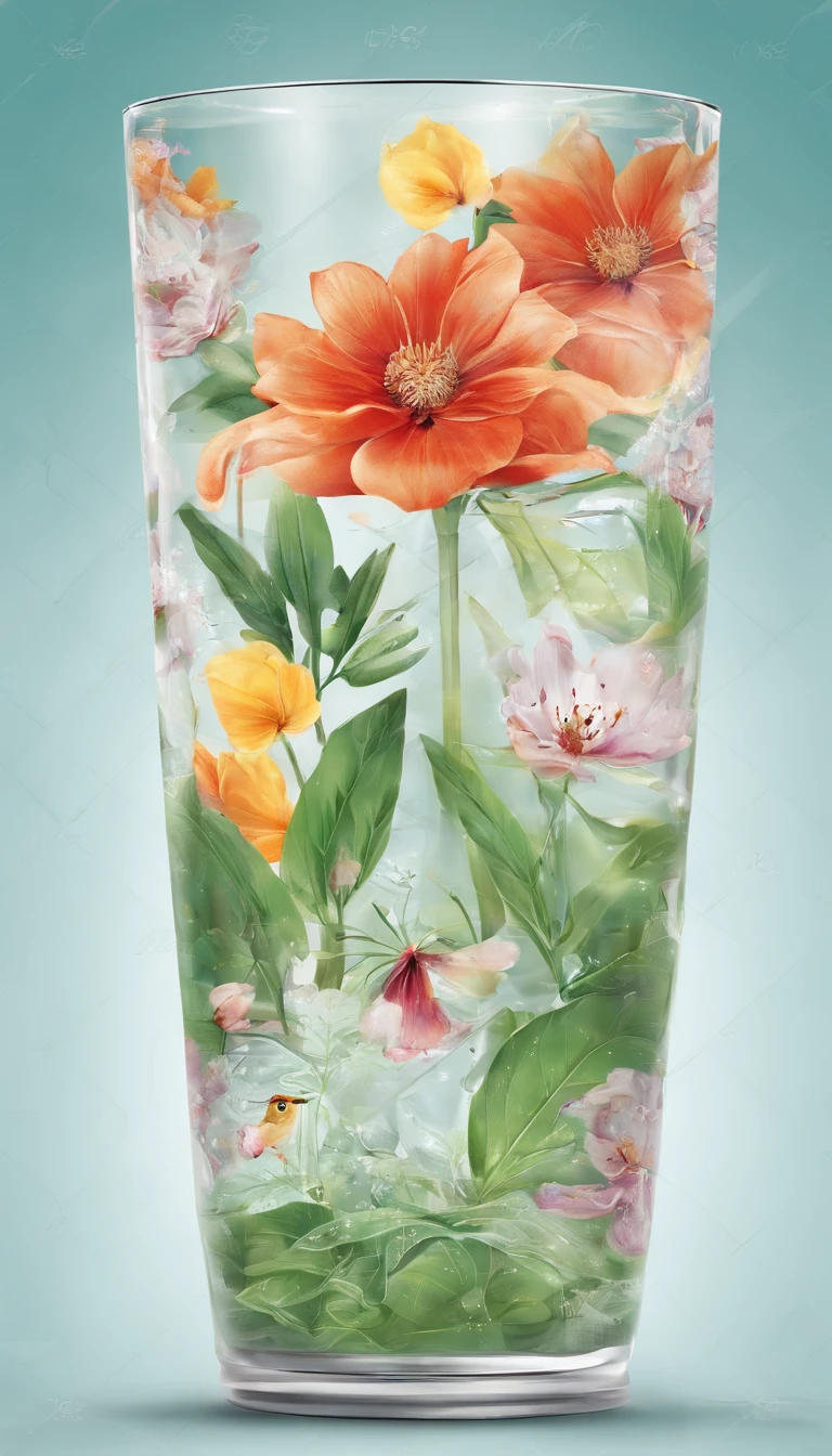 Middle transparent water cup,Surrounded by a floral and botanical environment