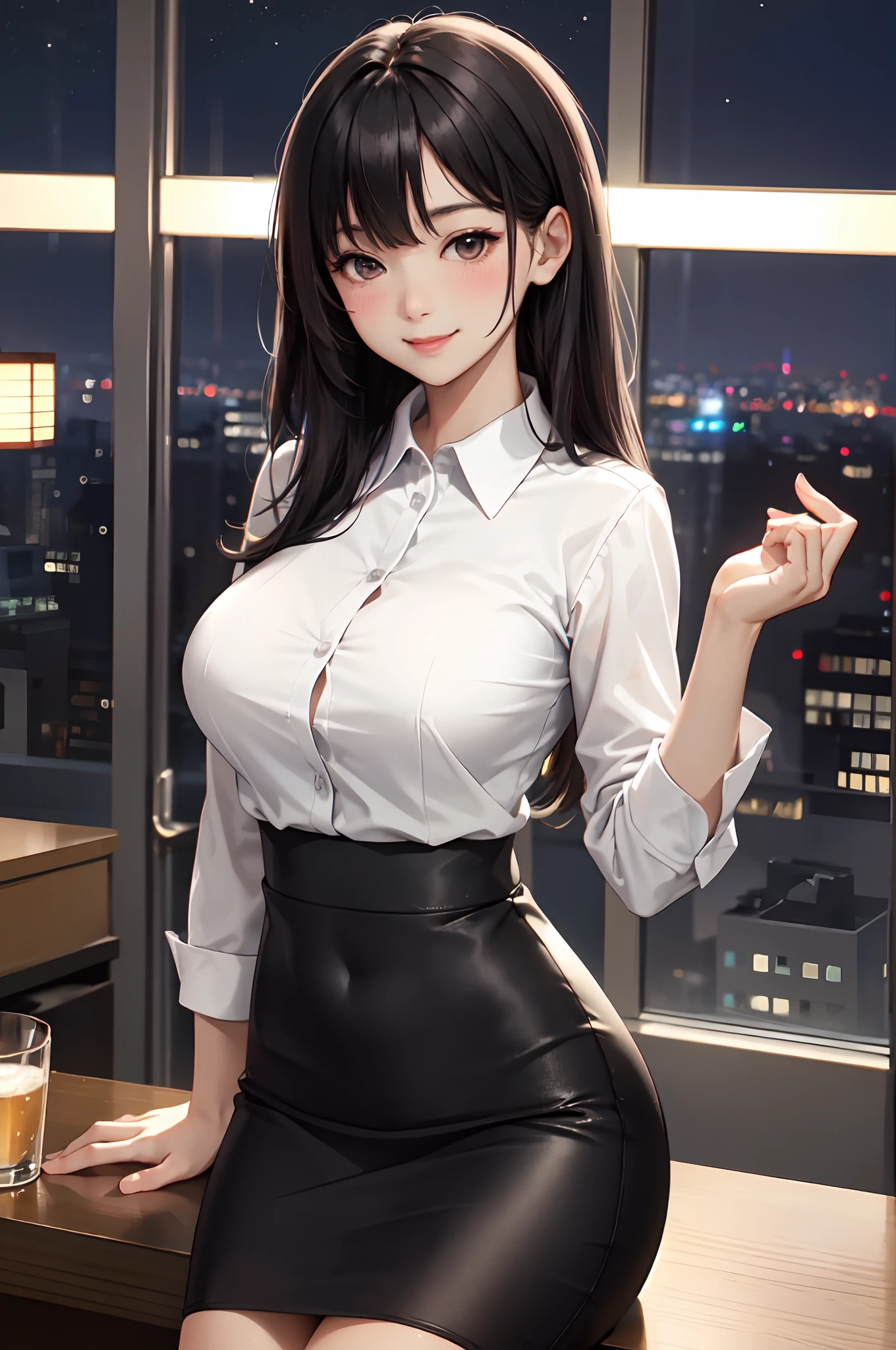1lady solo office worker, /(casual shirt pencil skirt/), /(black hair/) bangs, blush kind smile drunk, (masterpiece best quality:1.2) ultra-detailed, large breasts arms down BREAK japanese pub (night sky) window skyscraper