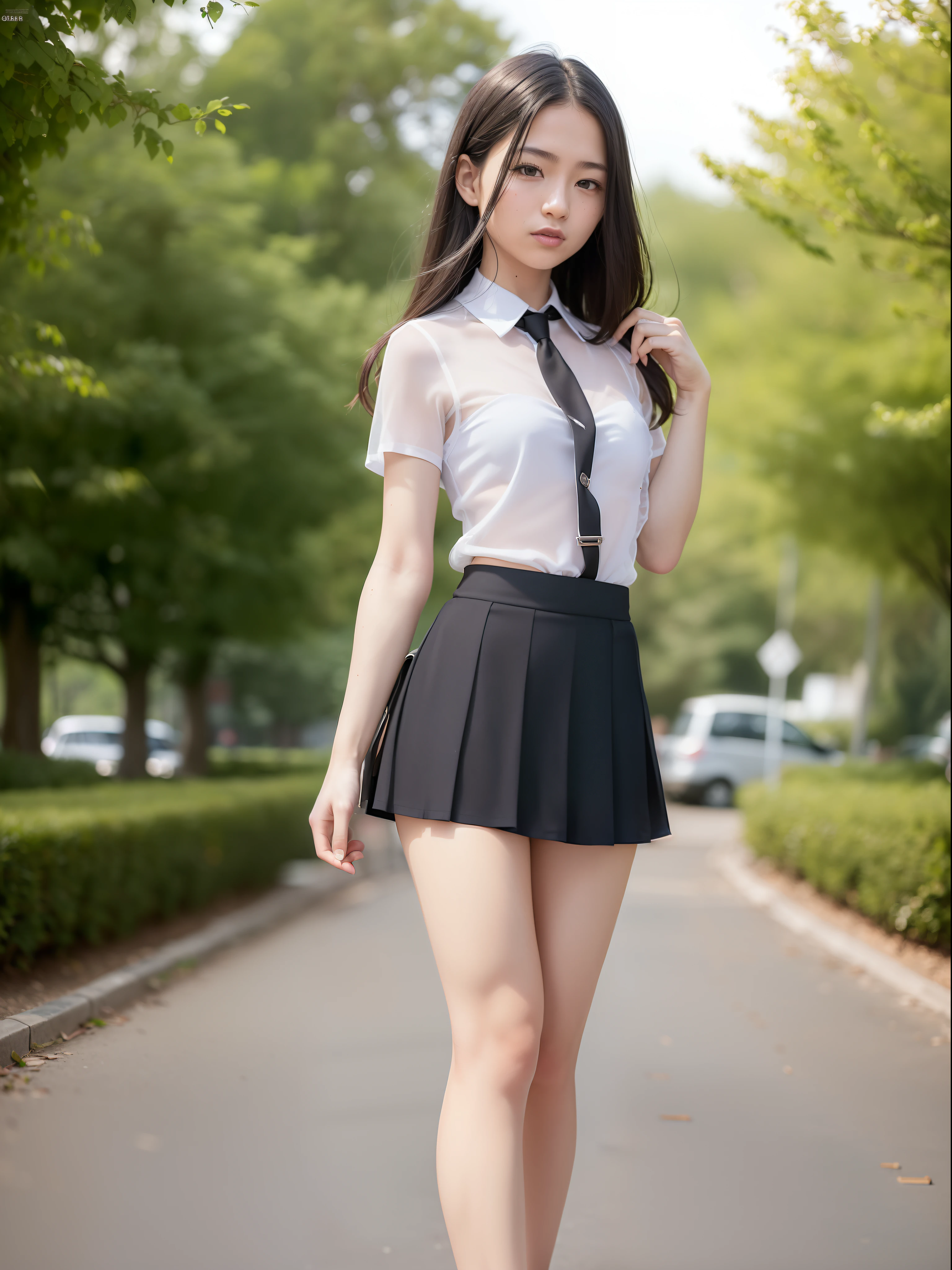 Cinematic lighting、Masterpiece、Highest quality、ultra high definition、at the park、Wearing a uniform 、mini skirt、Cute ribbon accent、Tight waist、smile、outside、A beautiful girl is walking down the stairs、、Beautiful breasts、Small beautiful butt、Detailed eyes and face、Professional photography techniques