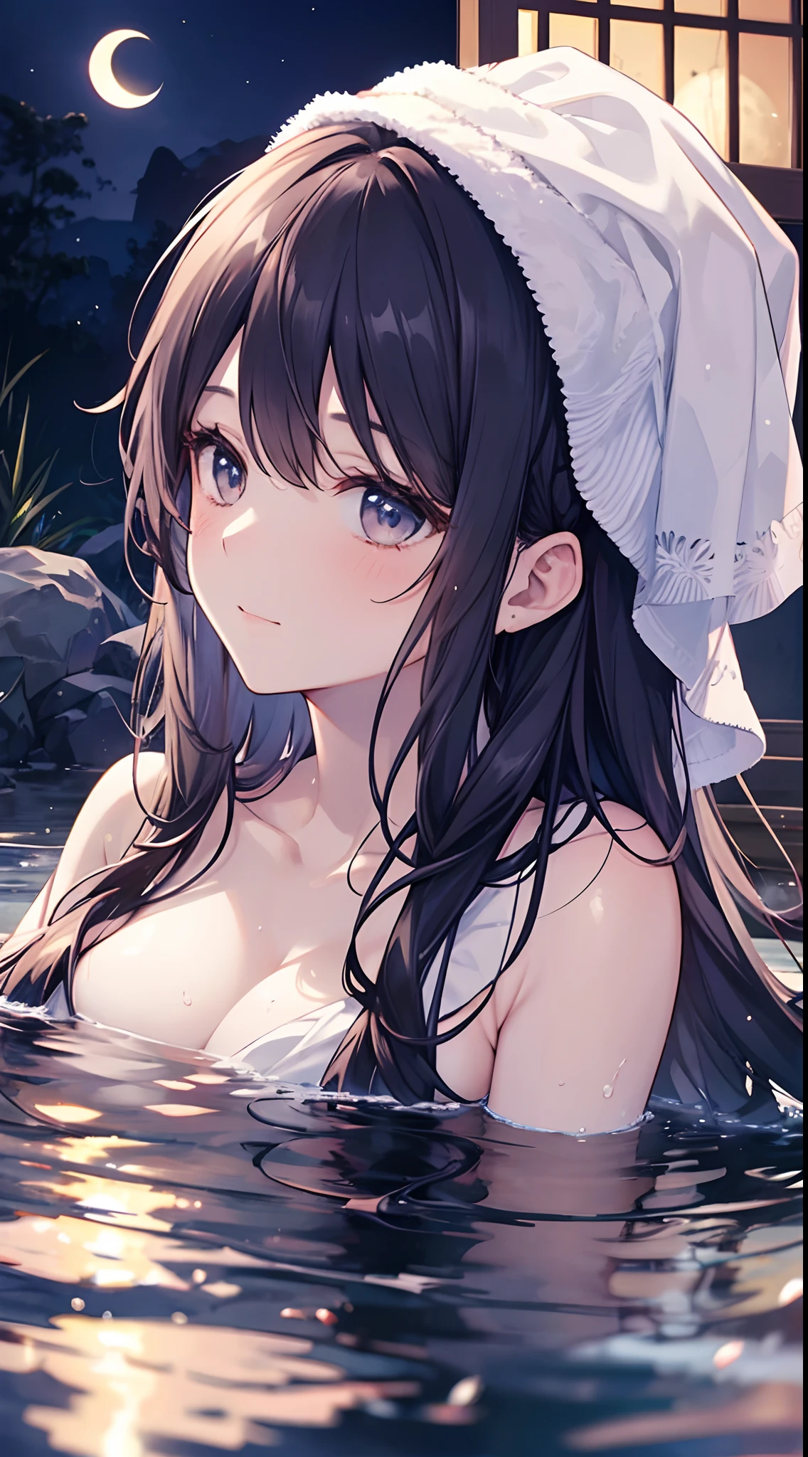 Woman relaxing in hot spring,20generation,Looking up at the moon、Satisfied face,Put a towel over your hair,Beautiful inspired light,Elegant water flow,a soothing atmosphere,Quiet and calm background