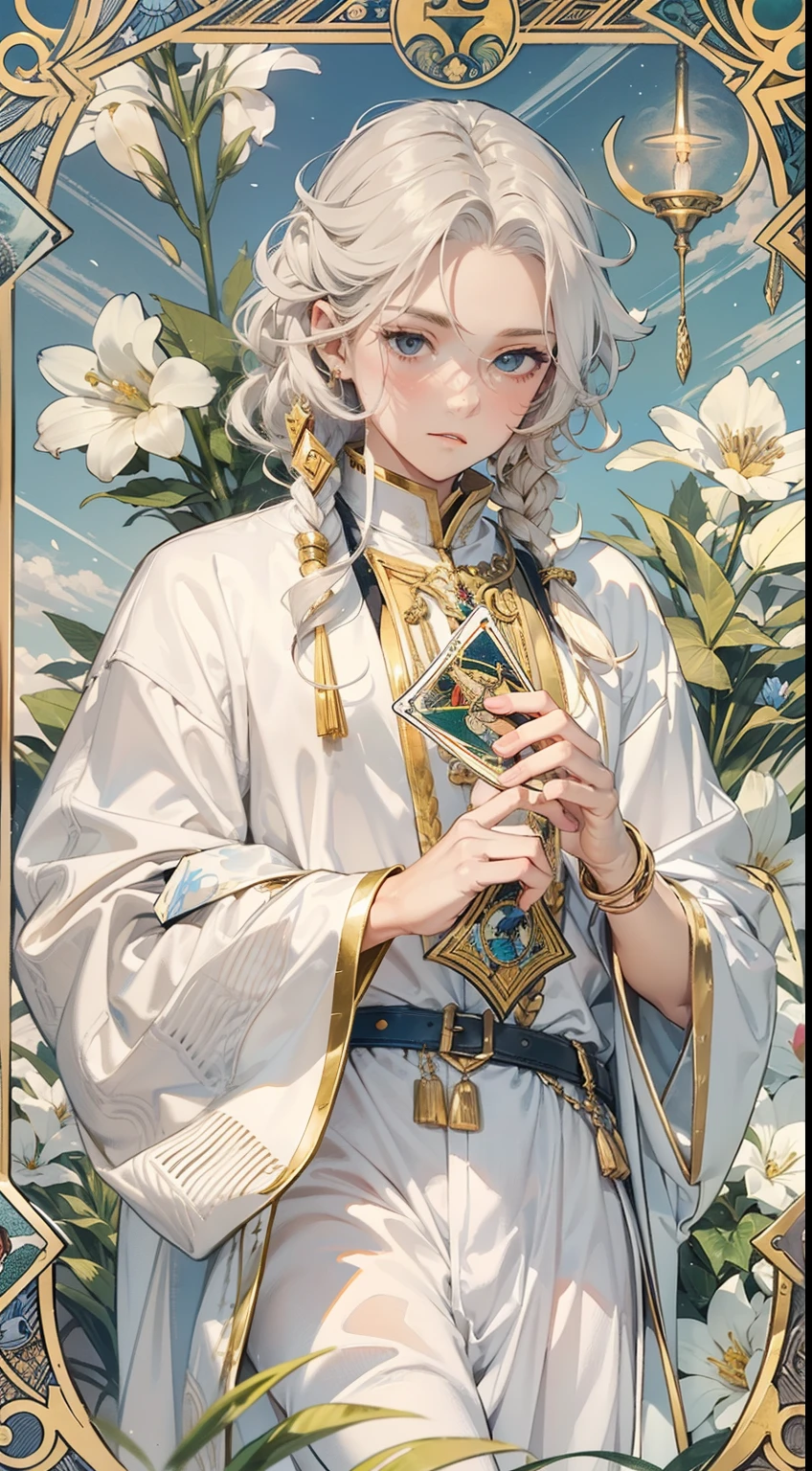 A boy，tarot cards、Major Arcana、Positive position、22 departments、Masterpiece、hentail realism，white long curly hair ，Ancient Rome，white  clothes，Slender，Skinny，Junior boy，Curl up，Light and translucent clothing，full bodyesbian，Bare legged，Godless eyes，Vintage border，Libido boy，The color is uniform，golden accessories，no headwear，Curl up and lie down，Sleeping surrounded by blue flowers