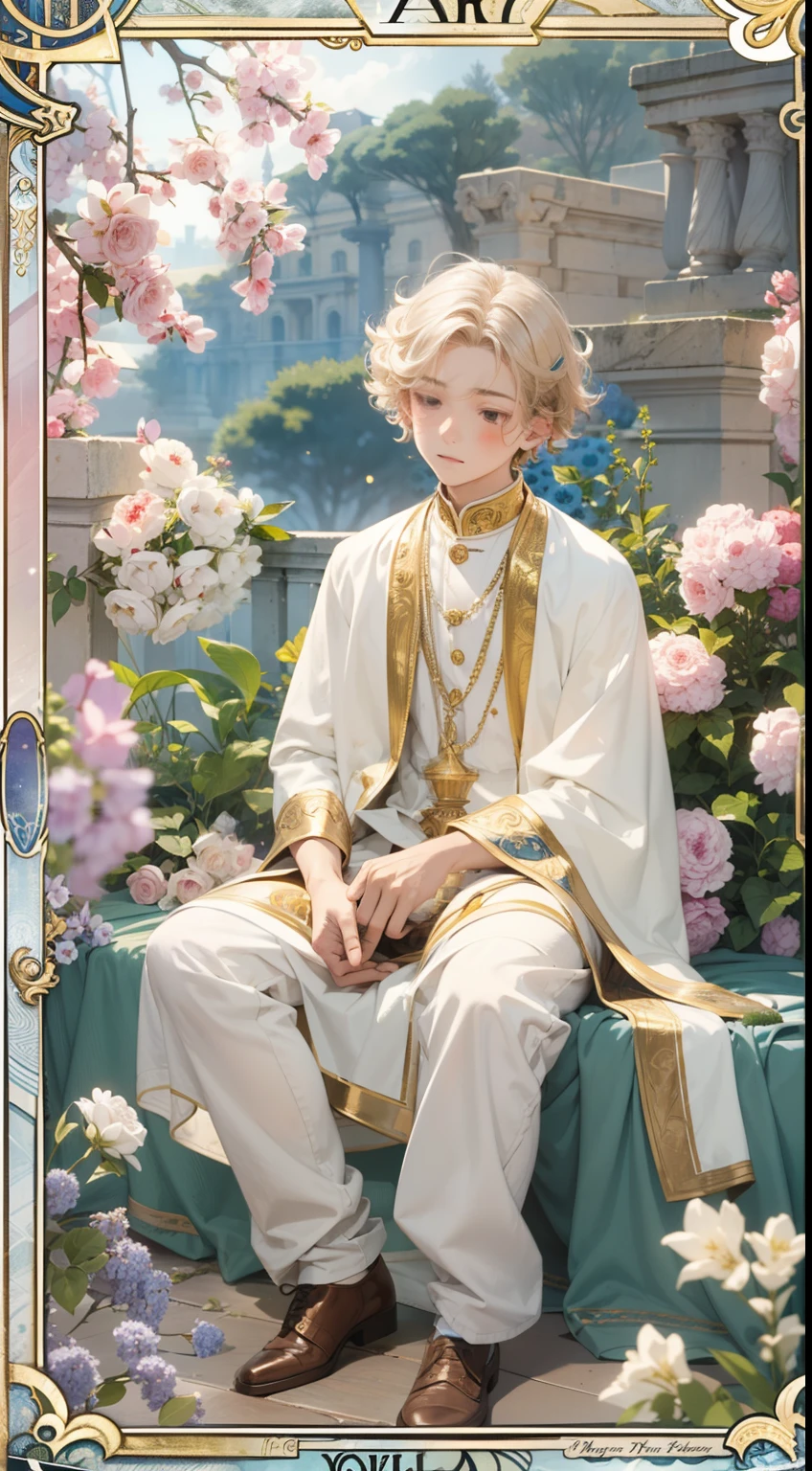 A boy,tarot cards、Major Arcana、Positive position、22 departments、Masterpiece、hentail realism,white long curly hair ,Ancient Rome,white clothes,Slender,Skinny,Junior boy,Curl up,Light and translucent clothing,full bodyesbian,Bare legged,Godless eyes,Vintage border,Libido boy,The color is uniform,golden accessories,no headwear,Curl up and lie down,Sleeping surrounded by blue flowers