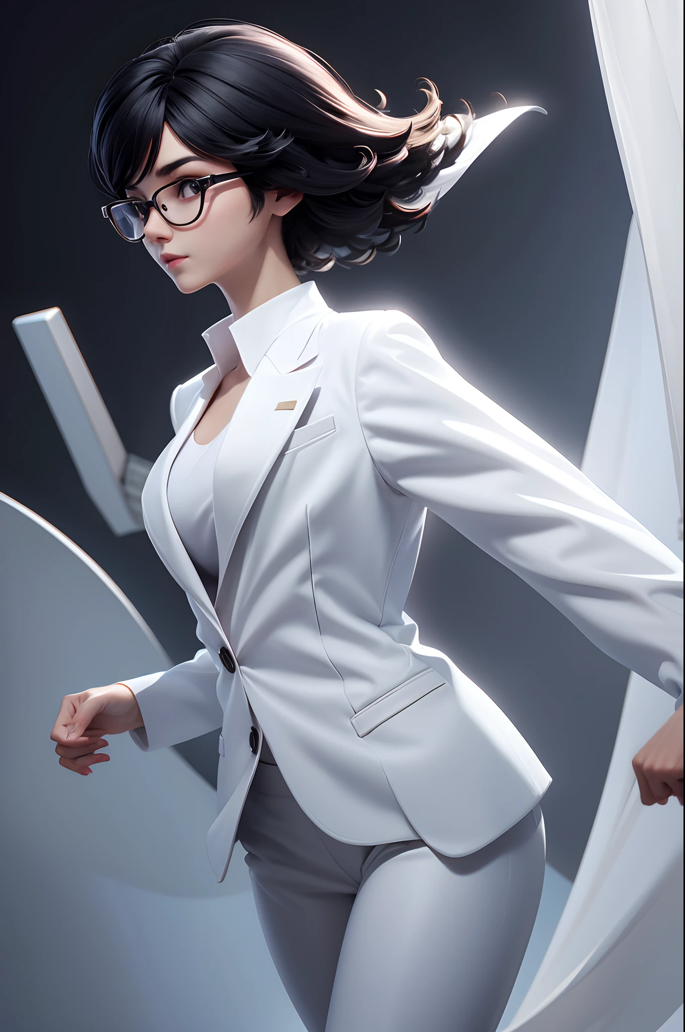 One woman in a white suit,Run away,Black medium hair,(Back shadow)(eye glass),8 look,Ultra high quality