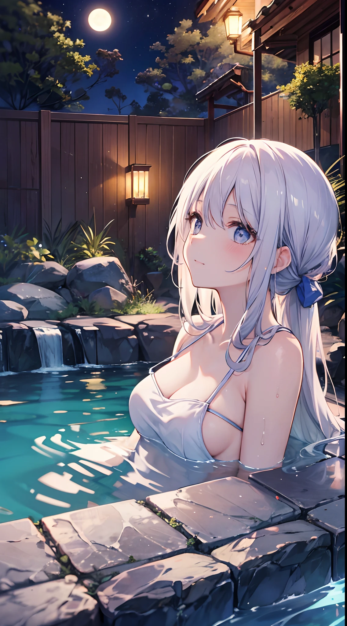 Woman relaxing in hot spring,２０generation,Looking up at the moon、Satisfied face,Put a towel over your hair,Beautiful inspired light,Elegant water flow,a soothing atmosphere,Quiet and calm background