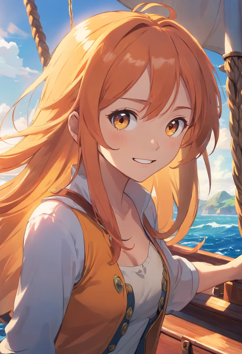 A girl with beautiful long orange hair and a mischievous grin standing on a pirate ship. Her detailed eyes sparkle with excitement as she holds a piece of fruit, taking a bite with her beautiful detailed lips. Nami, from the anime "One Piece," confidently enjoys her meal. Behind her, the vast ocean stretches out, illuminated by the bright and warm sunlight. The pirate ship is filled with vibrant colors, reflecting the adventurous spirit of the crew. The scene is captured in a high-resolution, ultra-detailed medium, resembling a concept art painting. The image depicts Nami's character in a realistic style, emphasizing her lively expressions and youthful energy. The lighting creates a dynamic play of light and shadow, enhancing the overall atmosphere of the scene.