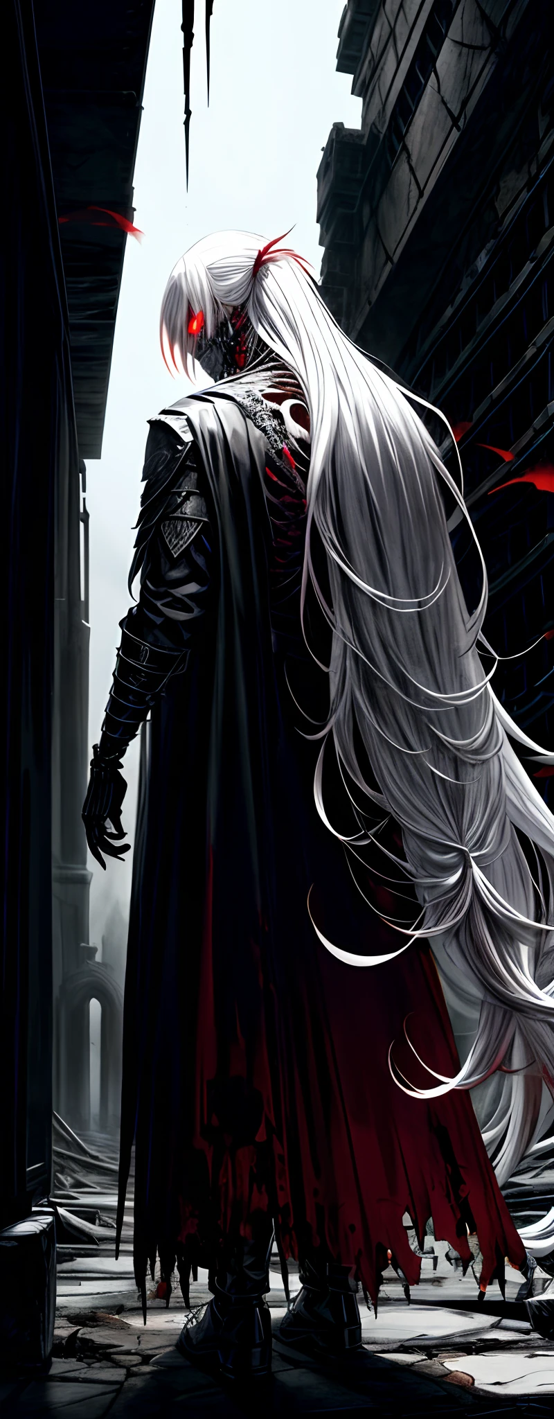 1male people, Long white hair, Red eyes, (uncle_Shot:1.2), Face focus, Back shadow,Back view, side locks,collapse,Wearing a cape, He walked forward,It is surrounded by ruins,There is a terrifying tower ahead, Moonshine is blood-red,Overall cool tones,Moody, Darkness, ,, Dusty, Post-apocalypse,, masterful, Beautiful 8k wallpaper, Extremely detailed, iintricate,Broken clothes,High gloss,With a skeleton mask