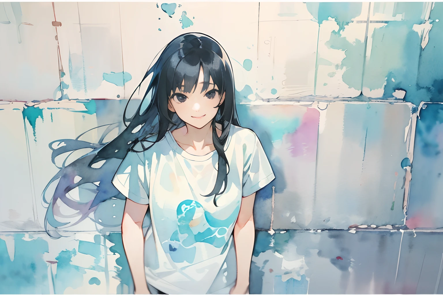 ((masutepiece)), (Professional Photography:1.2), (High Definition:1.3), Best Quality, (watercolor painting:1.3), from above, wide shot, black hair, silky long hair, ((wear white T-Shirts)), teenage japanese cute girl, black eyes, (smile), against the wall, (simple white background:1.10), pale blue fine ink splashing