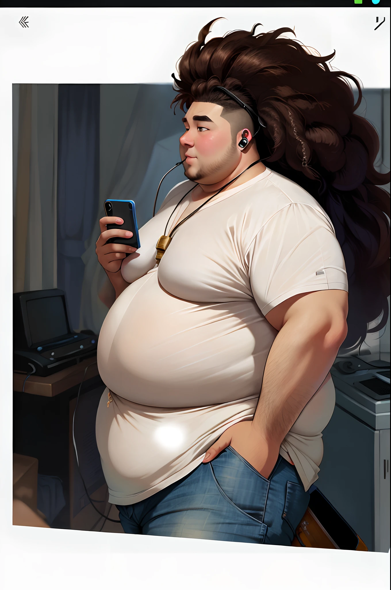 Fat man with cell phone in hand player and with big hair