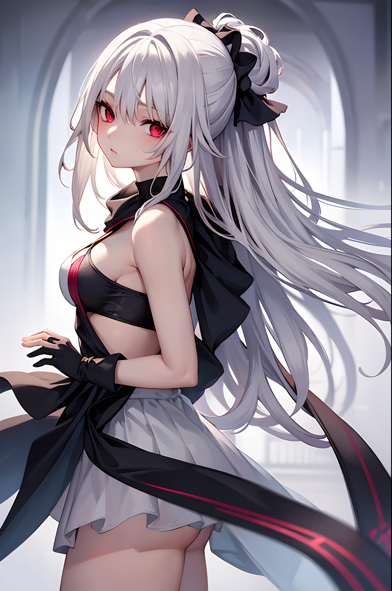 1girl，solo，bikini,friled bikini，Hair rings,Half updo，Iceberg Beauty,1girl,red eyes,long hair,hime_cut,{hair in takes},medium breasts,white hair,silver_hair，