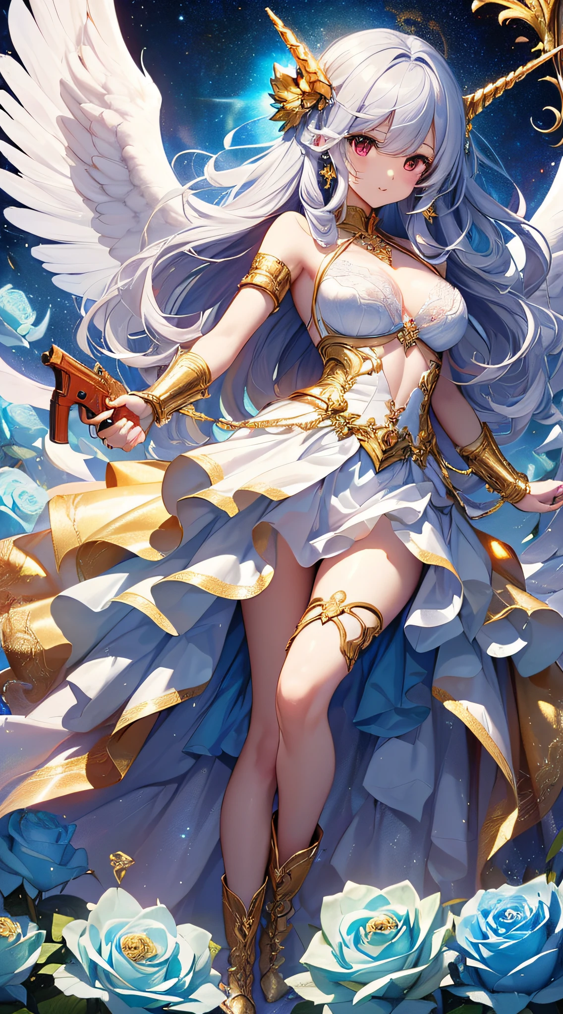 top-quality、Top image quality、​masterpiece、girl with((18year old、bright clothes、White bra、white dres、Gold Skirt、 Best Bust、Bust 90、Long silver hair、Red Eyes、open chest wide、Valley、Happiness、A slender、Angelic face、Aura of Light、Wings of the Universe、Angel Boots、GOLD accessory、White rose hair fastening、Gripping a metal gun)）hiquality、Beautiful Art、Background with((crystal clear skies、Golden light pours down、Blue Thunder、Many Angels、Shining House、unicorn、Heavenly Light))、masutepiece、Elaborate design、visualart、