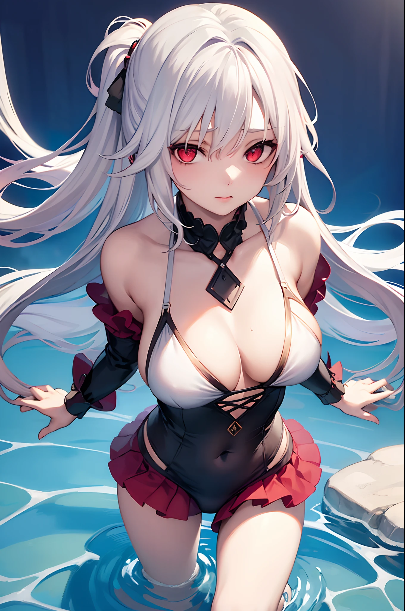 1girl,solo,bikini,friled bikini,Hair rings,Half updo,Iceberg Beauty,1girl,red eyes,long hair,hime_cut,{hair in takes},medium breasts,white hair,silver_hair,