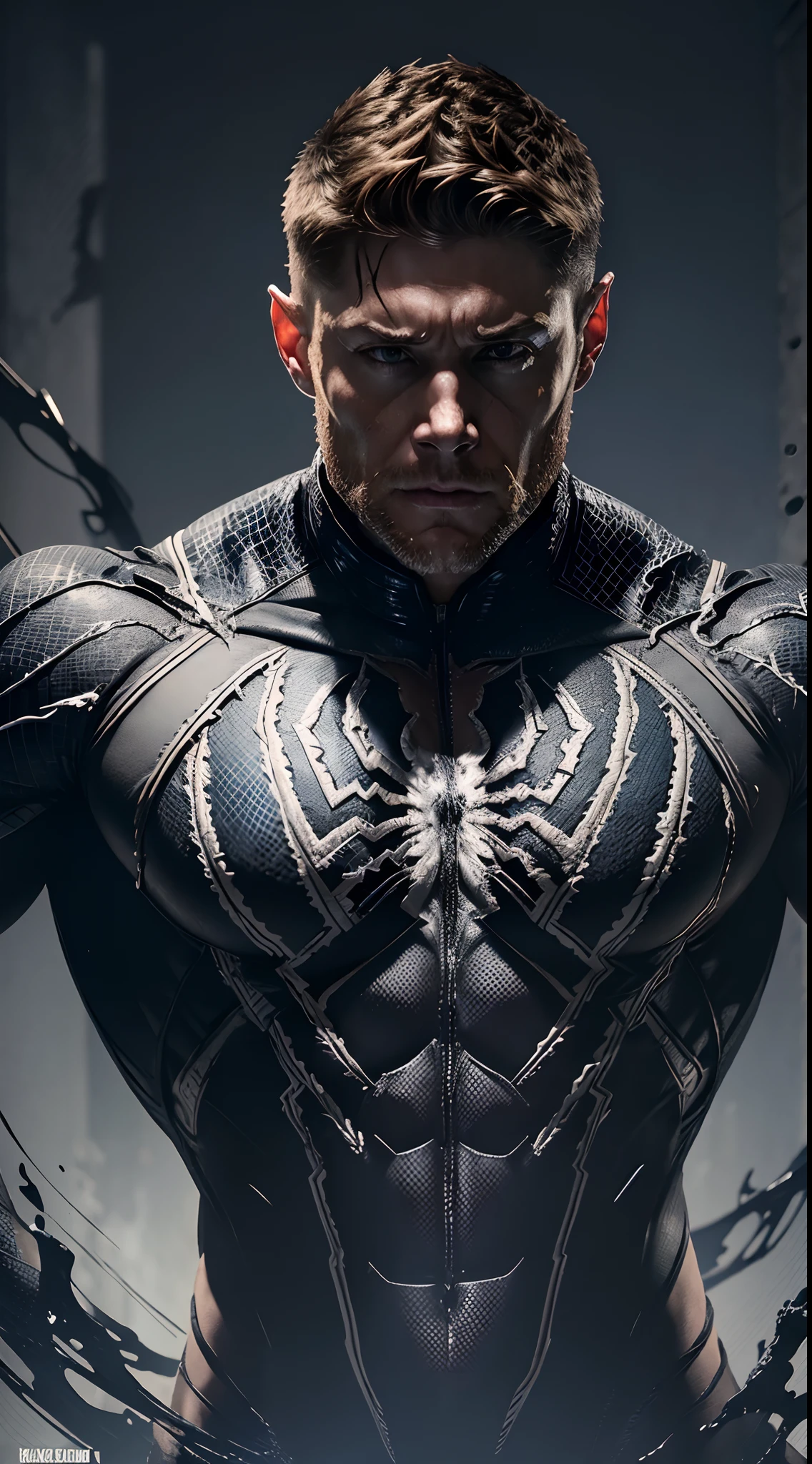 actor ((Jensen Ackles)) as ((Venom)) from Marvel universe, symbiote, white spider sign on breast, muscular, intricate, high detail, sharp focus, dramatic, photorealistic painting art by greg rutkowski