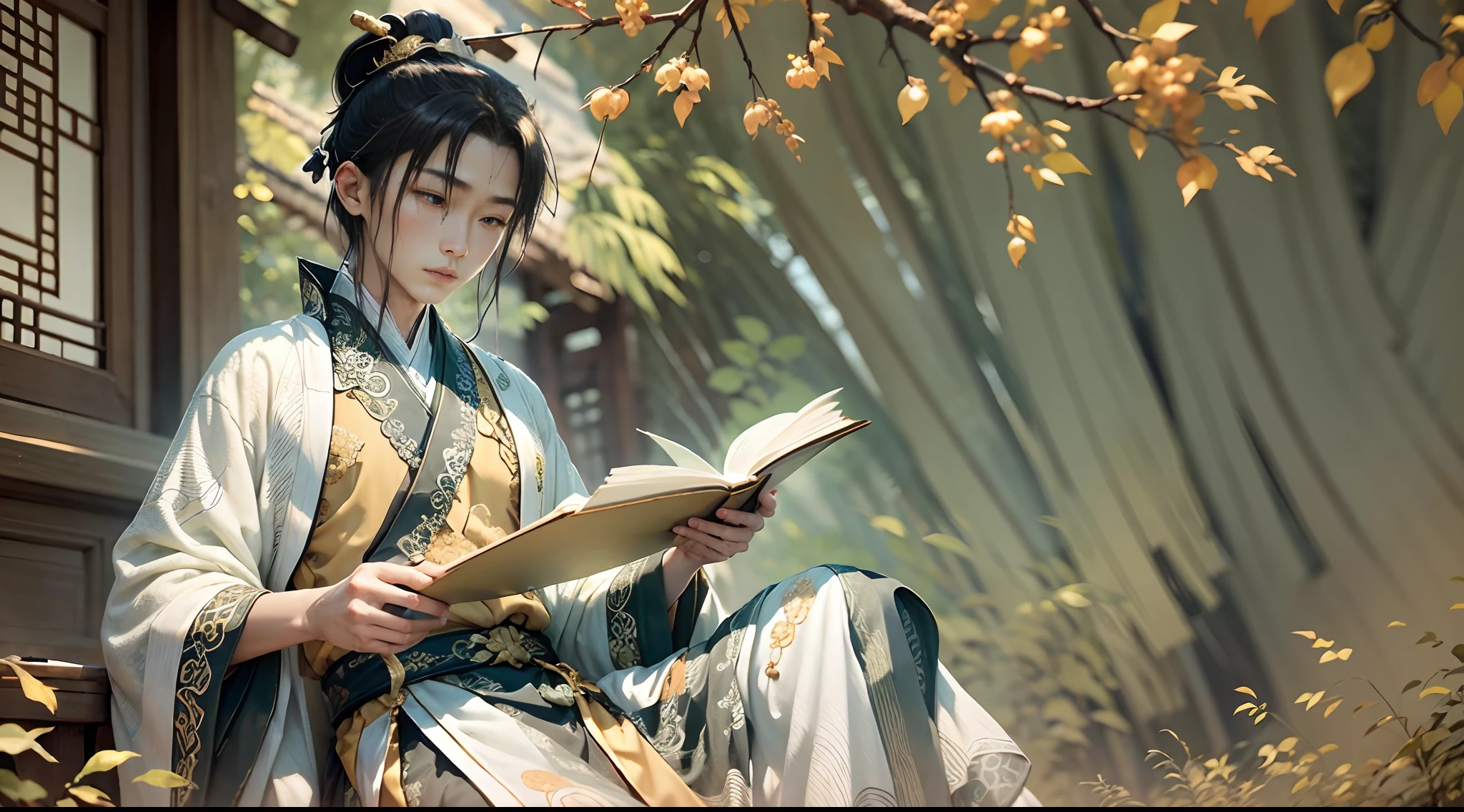 A 9--old  dressed in orange，Reading a book in a persimmon garden, a stone table, a teacup, a Tang Dynasty child hairstyle, wearing a white robe, jade at the waist, and a tulle fabric with streamers, Ayara satin，Wide skirt, Streamer decoration，refined demeanor, Poetic and picturesque, a boy in Chinese costume，Ancient Chinese prince，with acient chinese clothes，The sunny season is the harvest season in autumn，The atmosphere of the picture should render the feeling of autumn，Cover palms，Avoid drawing hands