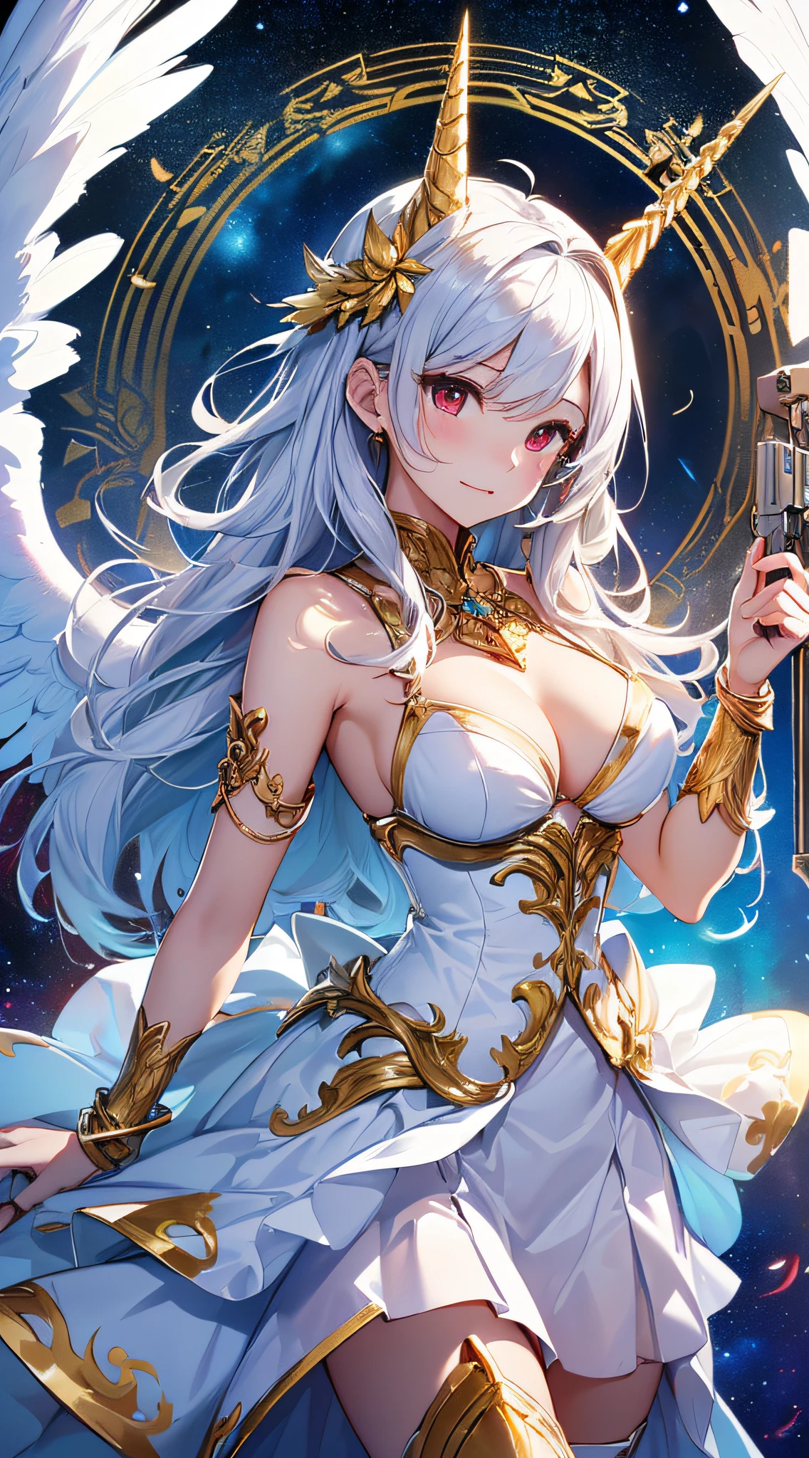 top-quality、Top image quality、​masterpiece、girl with((18year old、bright clothes、White bra、white dres、Gold Skirt、 Best Bust、Bust 90、Long silver hair、Red Eyes、open chest wide、Valley、Happiness、A slender、Angelic face、Aura of Light、Wings of the Universe、Angel Boots、GOLD accessory、White rose hair fastening、Gripping a metal gun)）hiquality、Beautiful Art、Background with((crystal clear skies、Golden light pours down、Blue Thunder、Many Angels、Shining House、unicorn、Heavenly Light))、masutepiece、Elaborate design、visualart、