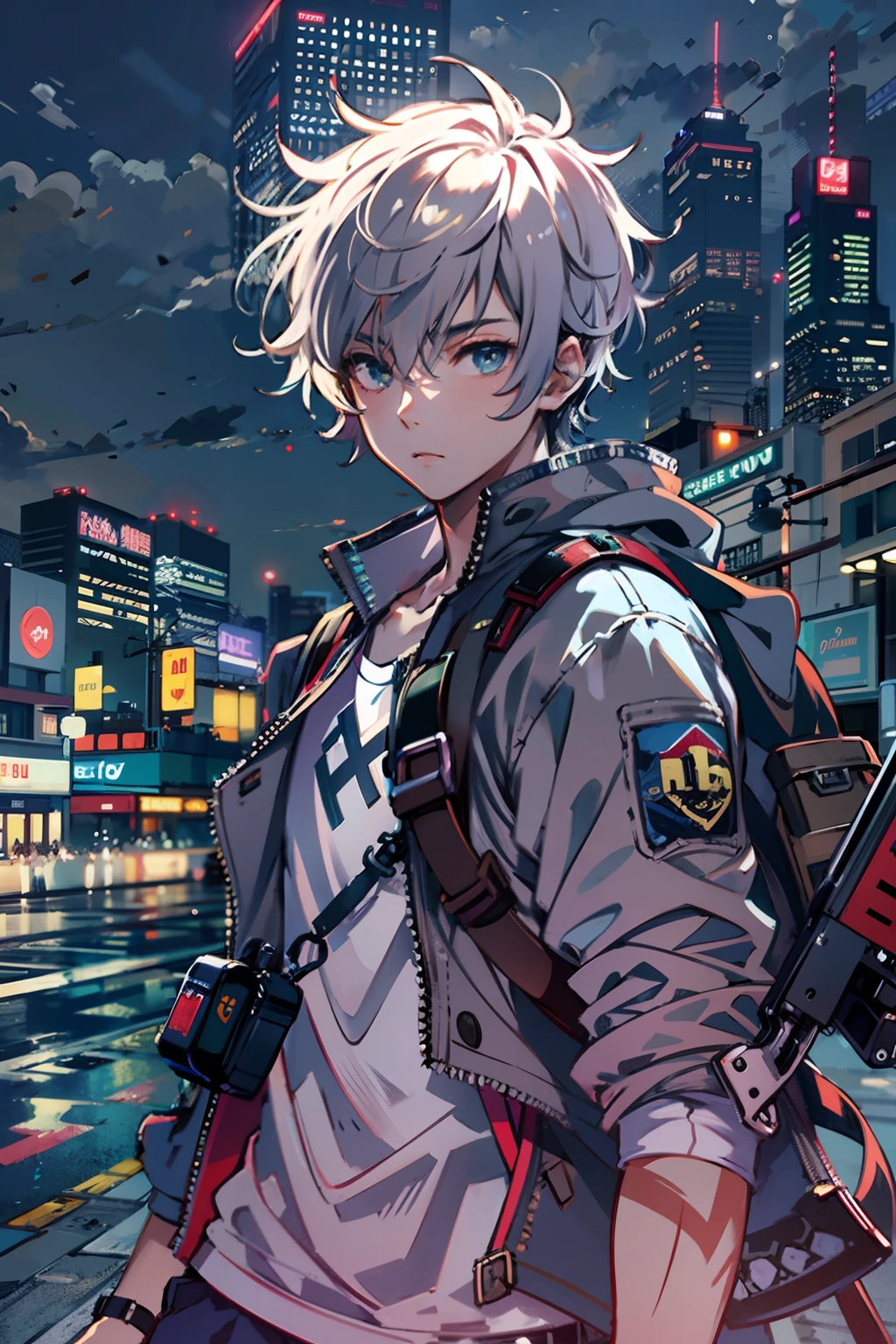 1boy,(15 years old boy:1.5)、Anime-style protagonist、Cyberpunk Boy、silber hair、Spiky hairstyle、machine gun、Japan sword on the back、Whole body bloody、Shot from the knee up、Looking at the camera、The beginning of the adventure、Lots of clouds,heavy fog、Big Moon、Lightning、Chaotic city of the future、dystopian、A group of very tall skyscrapers stands in the center、Very complex cityscape,Crowded Chinese skyscrapers、Tall radio tower、Trees、street signs、streetlights、taxis、buses、Train、Warm lighting,Dark road、puddles、Chaotic、Beautiful and fantastic scenery、Cinematic scenery、hightquality、masutepiece,in 8K、hight resolution、