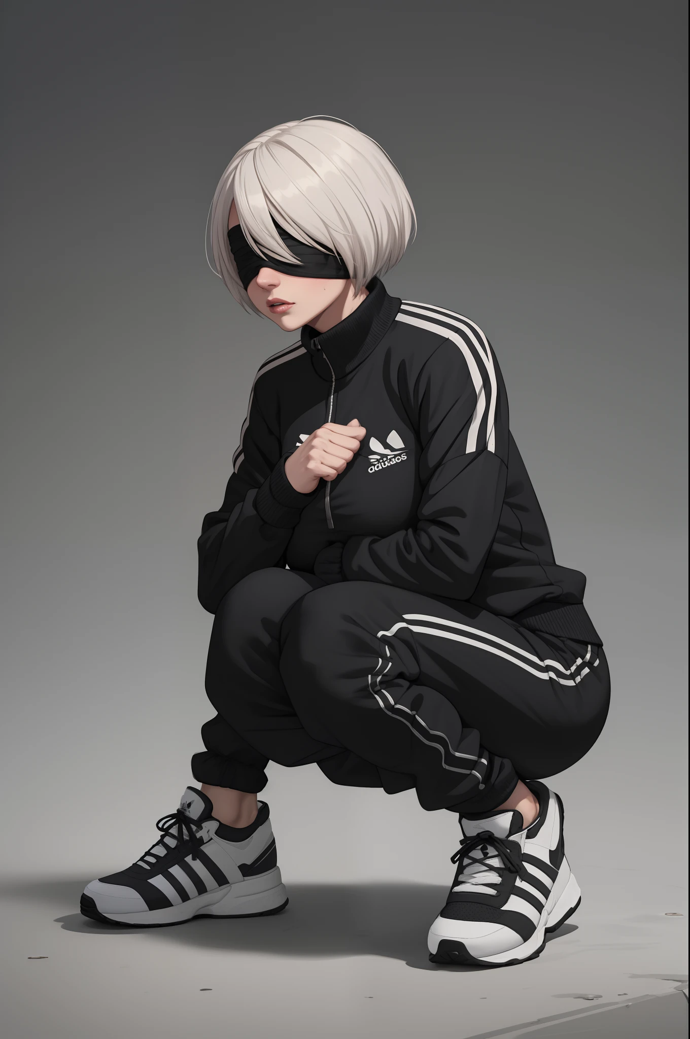 a very confidant badass arrogant cocky boss bitch attitude n_2b
blindfold, black blindfold, large breasts wearing adidas tracksuit slav squatting with both of her hands in her pants pockets with a mean face