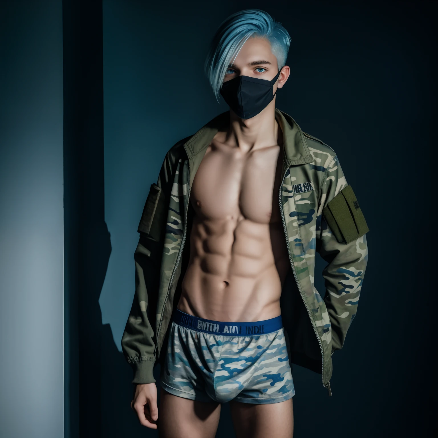 male posing, tight boxers, skinny body, atmospheric, cute face, blue white hair, mask, dead inside, camo army jacket, dark lighting