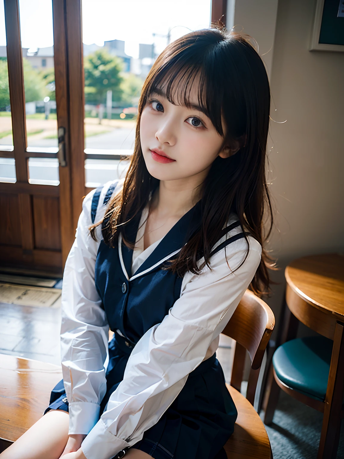 arafly dressed woman sitting on a chair in a school uniform, korean girl, jaeyeon nam, captured on canon eos r 6, sailor uniform, cute schoolgirl, a hyperrealistic schoolgirl, taken with canon 5d mk4, hyperrealistic schoolgirl, girl wearing uniform, wearing japanese school uniform, sakimichan, young 