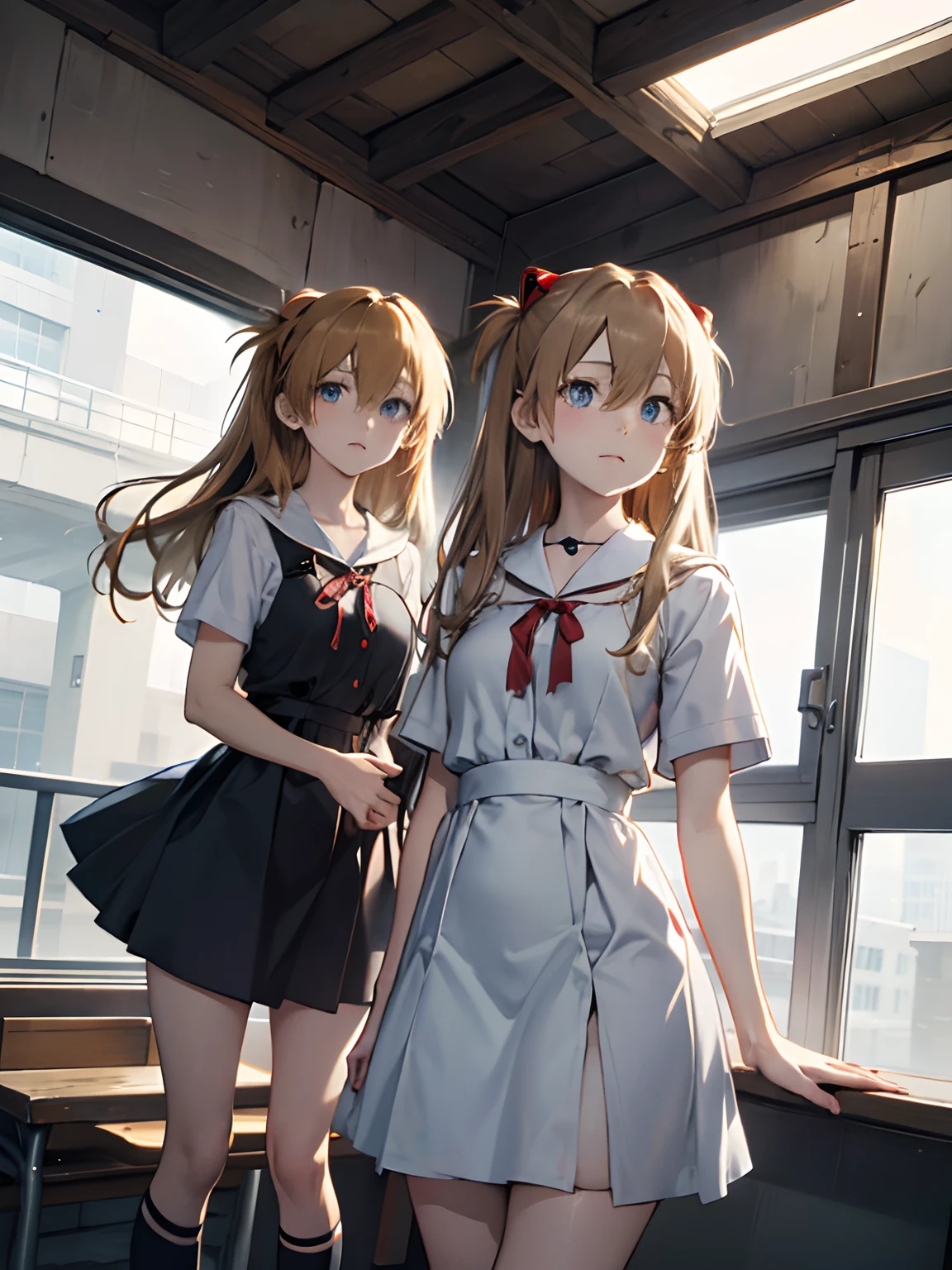 Asuka Langley Soryu,Blue eyes,hair between eyes,headware,Interface headset,Orange hair,Red ribbon、Ribbons、shcool uniform、skirts、Slip dress、Slip dress、Tokyo No. 3 Junior High School uniform、album artwork,Storytelling images