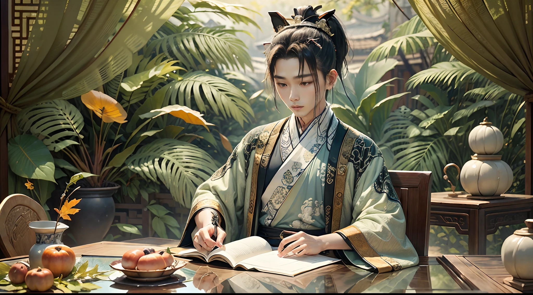 A 9-year-old boy dressed in orange,Reading a book in a persimmon garden, a stone table, a teacup, a Tang Dynasty child hairstyle, wearing a white robe, jade at the waist, and a tulle fabric with streamers, Ayara satin,Wide skirt, Streamer decoration,refined demeanor, Poetic and picturesque, a boy in Chinese costume,Ancient Chinese prince,with acient chinese clothes,The sunny season is the harvest season in autumn,The atmosphere of the picture should render the feeling of autumn,Cover palms,Avoid drawing hands