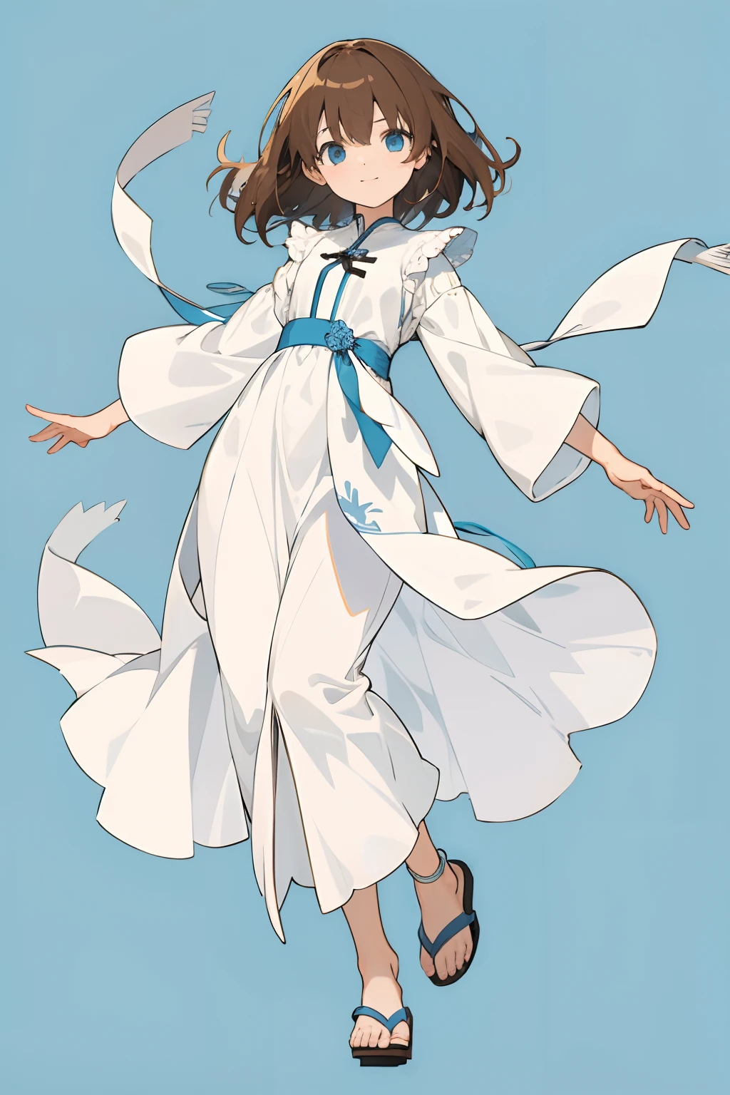 (Top quality illustrations:1.2)、(girl with:1.0)、(独奏:1.0)、(White long dress shining in the wind:1.0)、(The upper part of the body:1.0)、(ultra-detailliert) 、hight resolution、(8K:1.0) 、brown haired、Medium Hair、light blue  eyes、beautidful eyes、The best smile、enjoyably、the wind、Keep hair down、Spreading hands、Cork sandals、String Sandals、Skirt part with fashionable design、full body Esbian、masutepiece、white backgrounid、​masterpiece、Top image quality、top-quality、Details of face、A detailed eye、looking at the viewers、high-level image quality