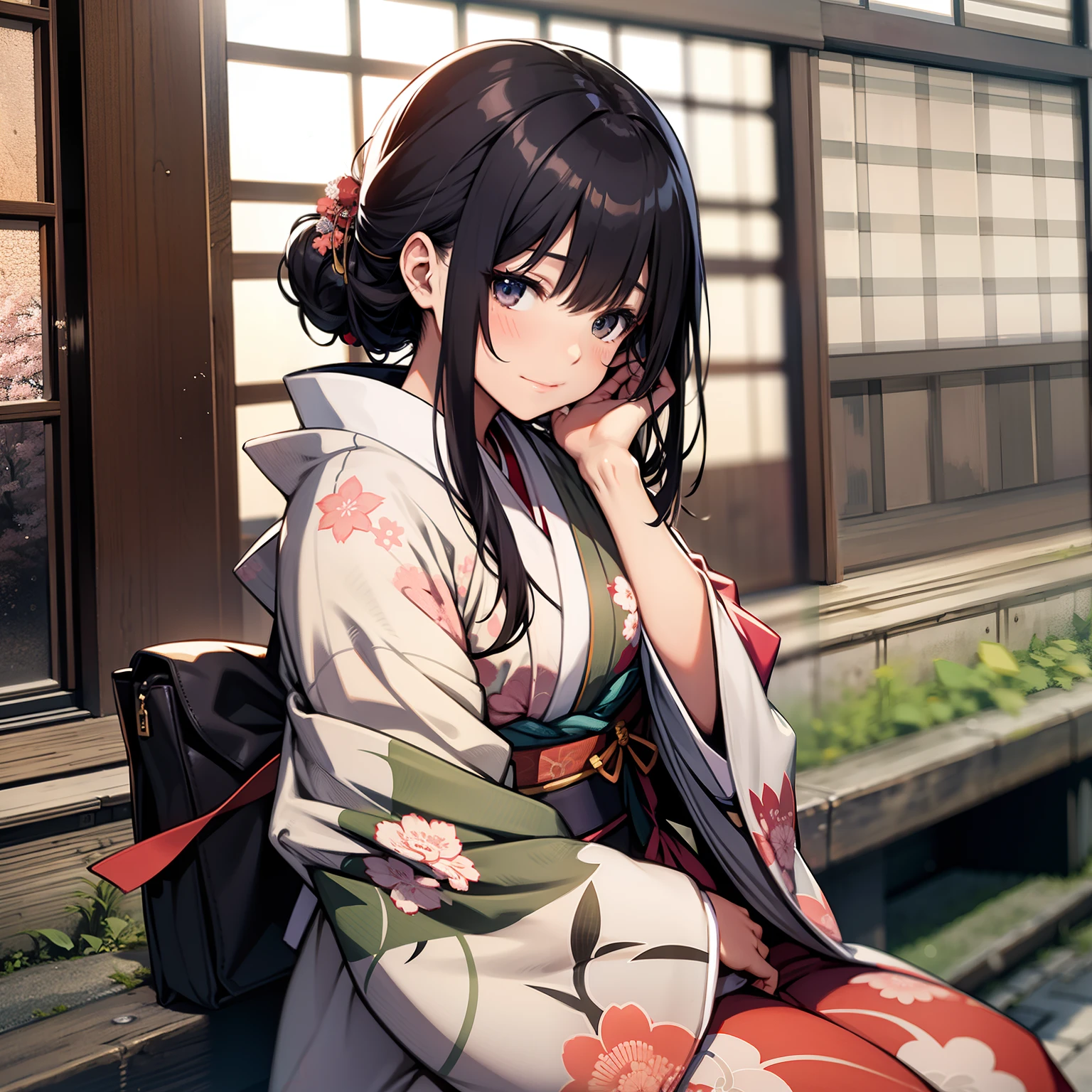 Anime girl in kimono outfit sitting on a bench in front of a window ...