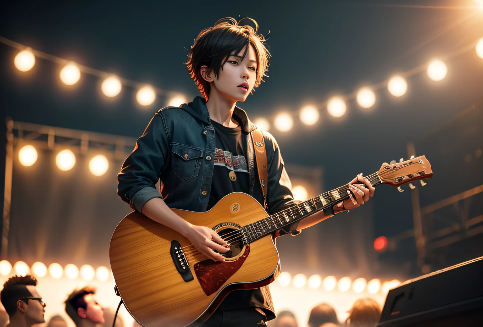 young  male，Short hair，the guitar player，Asian people，Concert scene，The expression is crazy，largeaperture，Background bokeh