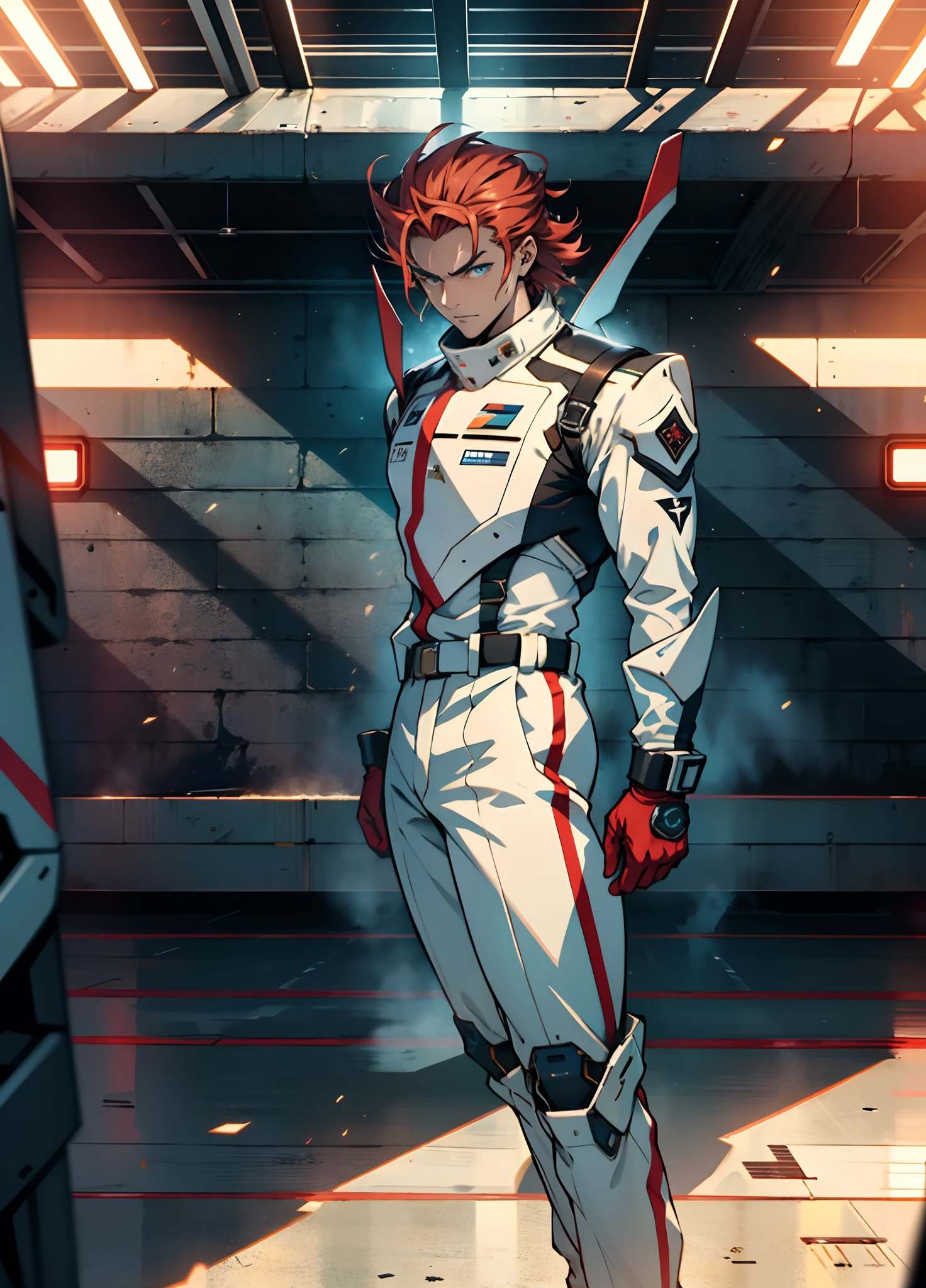 A man with short red-gold hair, hair slicked back, thick and disheveled hair, a cold and ruthless gaze, a confident expression, wears a two-piece futuristic military-style uniform, primarily in shades of white and red, accented by touches of yellow, streamlined wristguard gloves, matching trousers, stands within a futuristic sci-fi hangar, where a colossal mech is stationed, this character embodies a finely crafted futuristic military officer in anime style, characterized by an exquisite and mature manga illustration art style, high definition, best quality, highres, ultra-detailed, ultra-fine painting, extremely delicate, professional, anatomically correct, symmetrical face, extremely detailed eyes and face, high quality eyes, creativity, RAW photo, UHD, 8k, Natural light, cinematic lighting, masterpiece:1.5