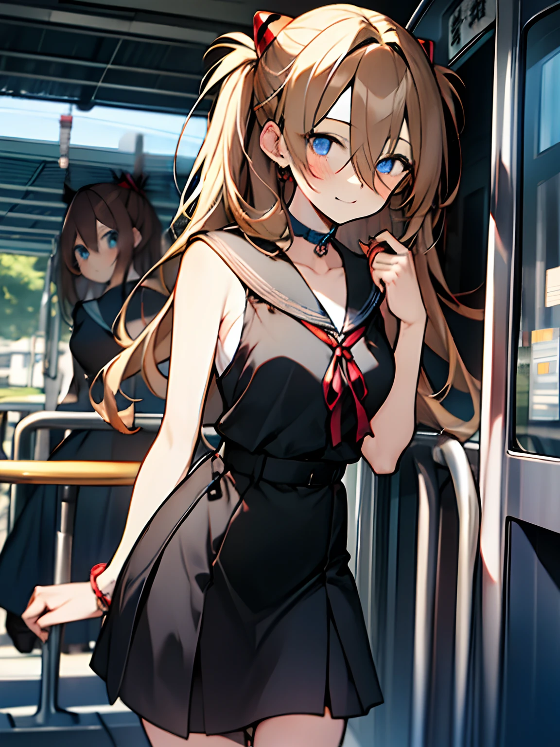 Asuka Langley Soryu,Blue eyes,hair between eyes,headware,Interface headset,Orange hair,Red ribbon、Ribbons、shcool uniform、skirts、Slip dress、Slip dress、Tokyo No. 3 Junior High School uniform、album artwork,Storytelling images