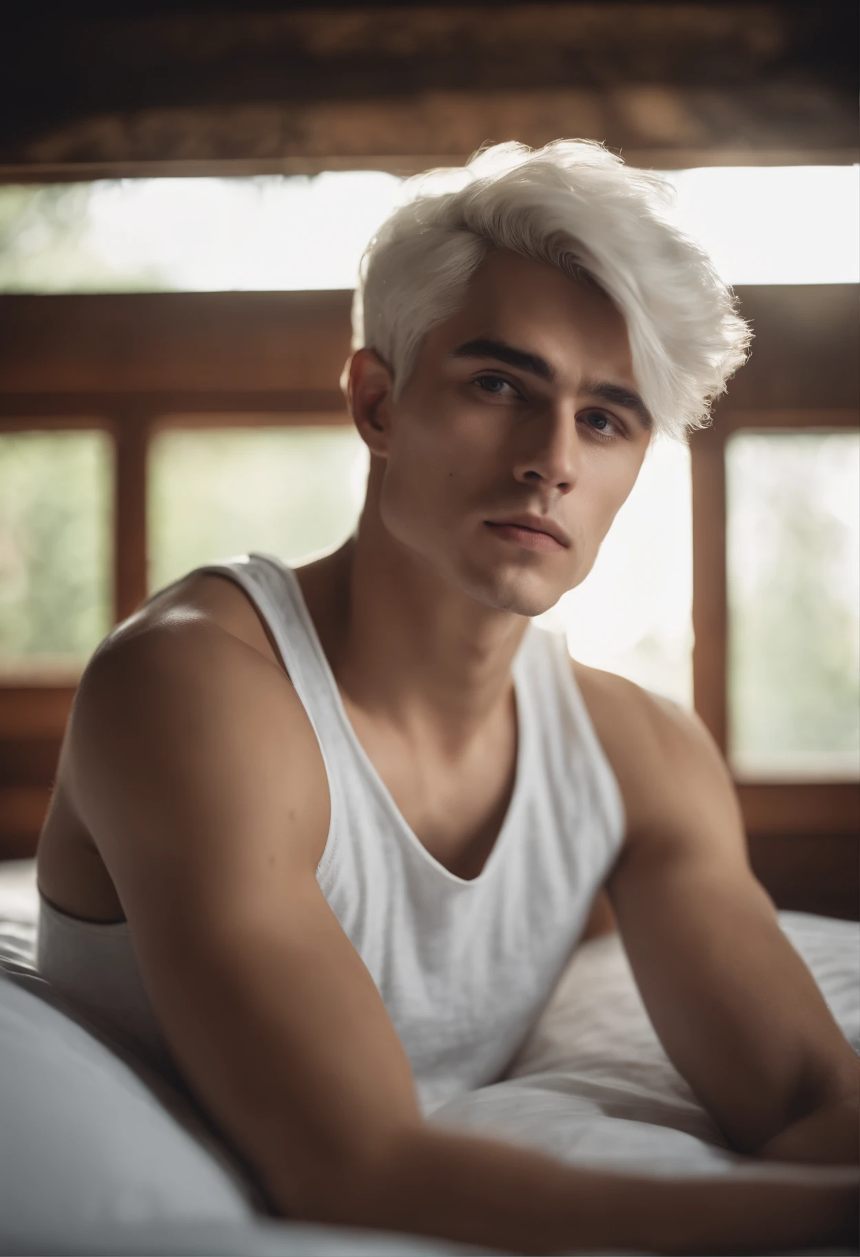 20-year-old male with white  hair, two block haircut , dressed in a plain white tank top, lying on a bed, pensive expression