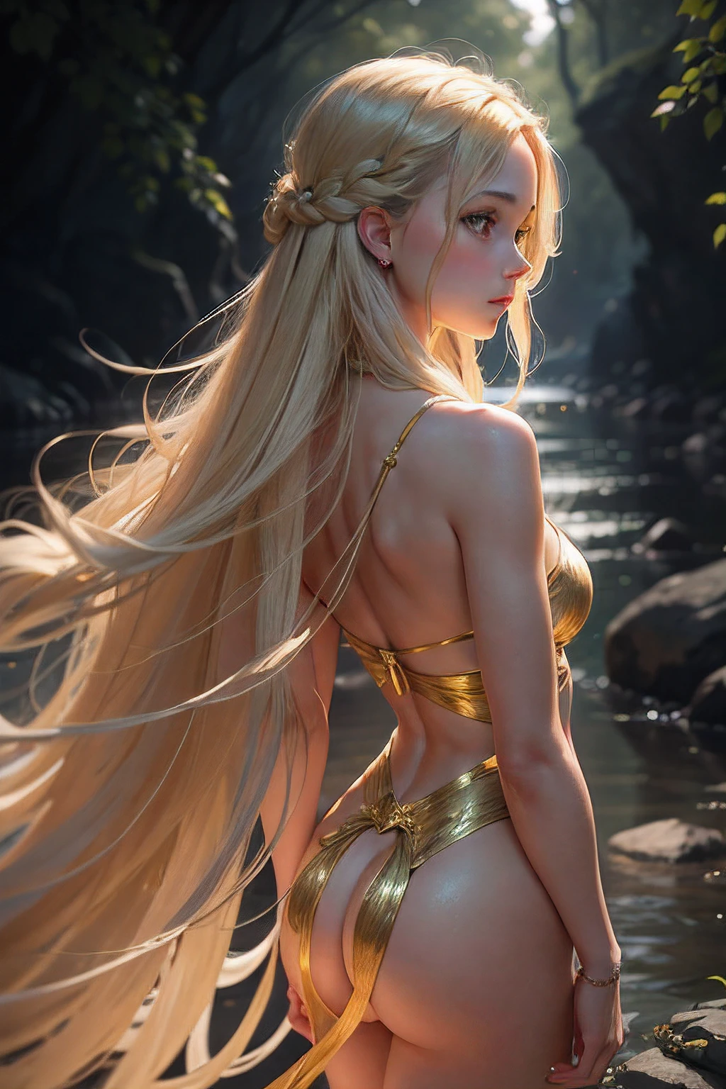 A girl with golden, flowing hair, partially exposed, standing by the riverside, preparing to take a bath, with her back turned, showcasing her elegant posture. Her shimmering golden hair cascades down her shoulders and back, with a trembling silk ribbon adorning her waist. The scene presents a mysterious ambiance, capturing the beauty and intricate details of the girl and the ribbon. The artwork is of the highest quality, with ultra-detailed elements, creating a realistic portrait. The colors are vibrant, with a golden hue and soft lighting, enhancing the overall atmosphere.