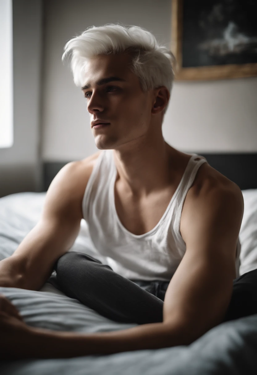 20-year-old male with white hair, two block haircut , dressed in a plain white tank top, lying on a bed, pensive expression , soft light