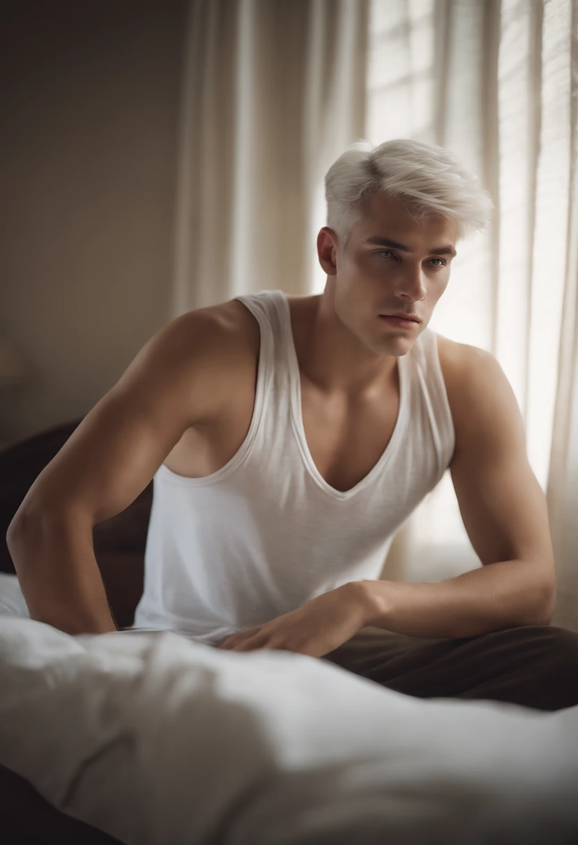 20-year-old male with white  hair, two block haircut , dressed in a plain white tank top, lying on a bed, pensive expression , soft light