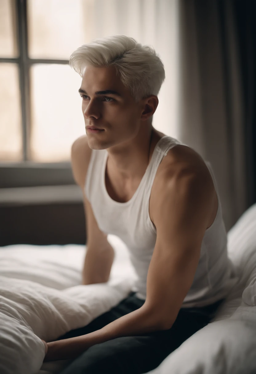 20-year-old male with white hair, two block haircut , dressed in a plain white tank top, lying on a bed, pensive expression , soft light