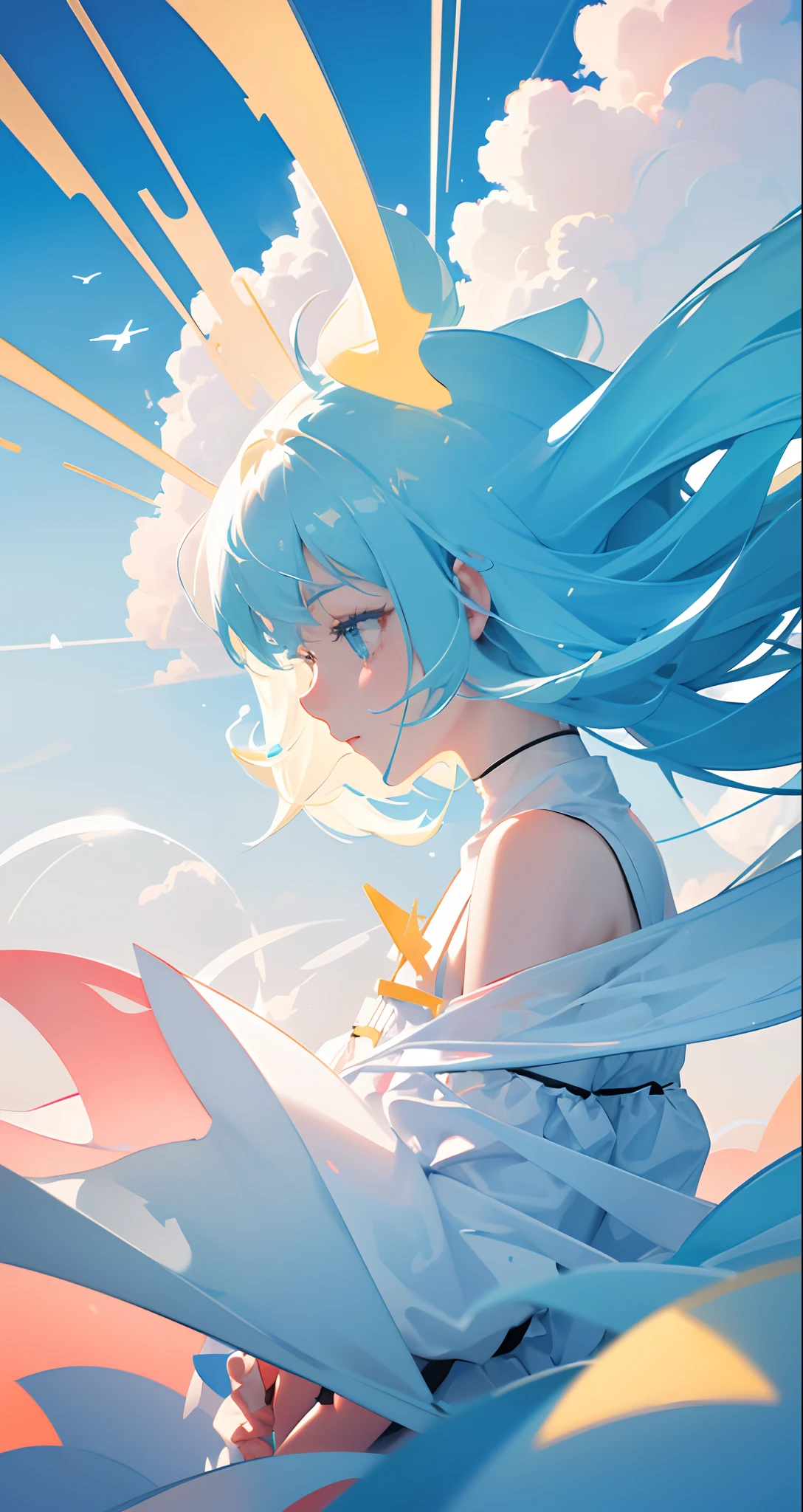 masterpiece, best quality, movie still, 1girl, floating in the sky, cloud girl, cloud, (close-up:1.1), bright, happy, fun, soft lighting, (Bauhaus, shapes, lines, abstract:1.1)