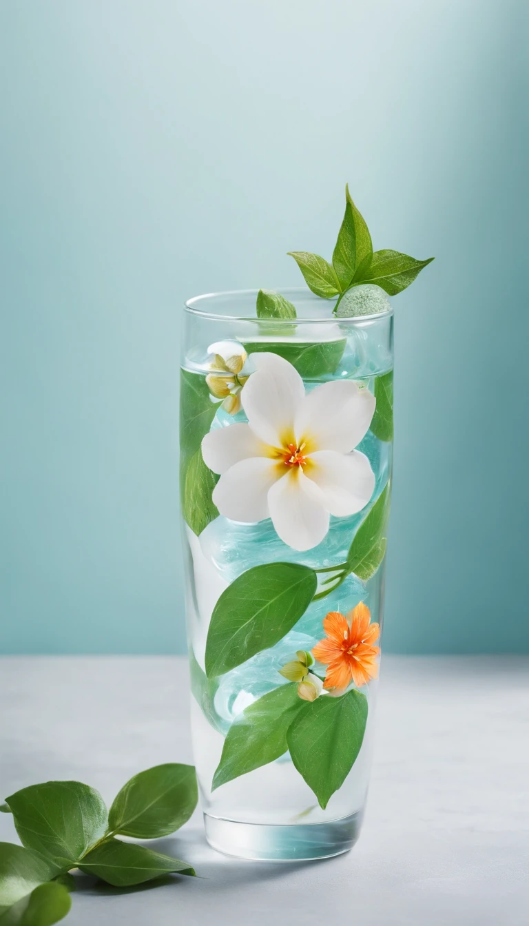 Middle transparent water cup，Surrounded by a floral and botanical environment