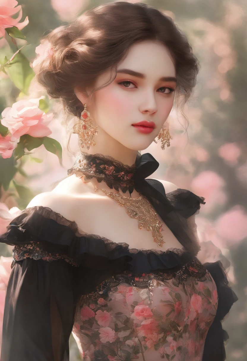(best quality, masterpiece), 1girl, intricate details, off shoulder, skirt, choker, frills, see-through, looking at viewer, blush, upper body, blurry background, floral print, contrapposto