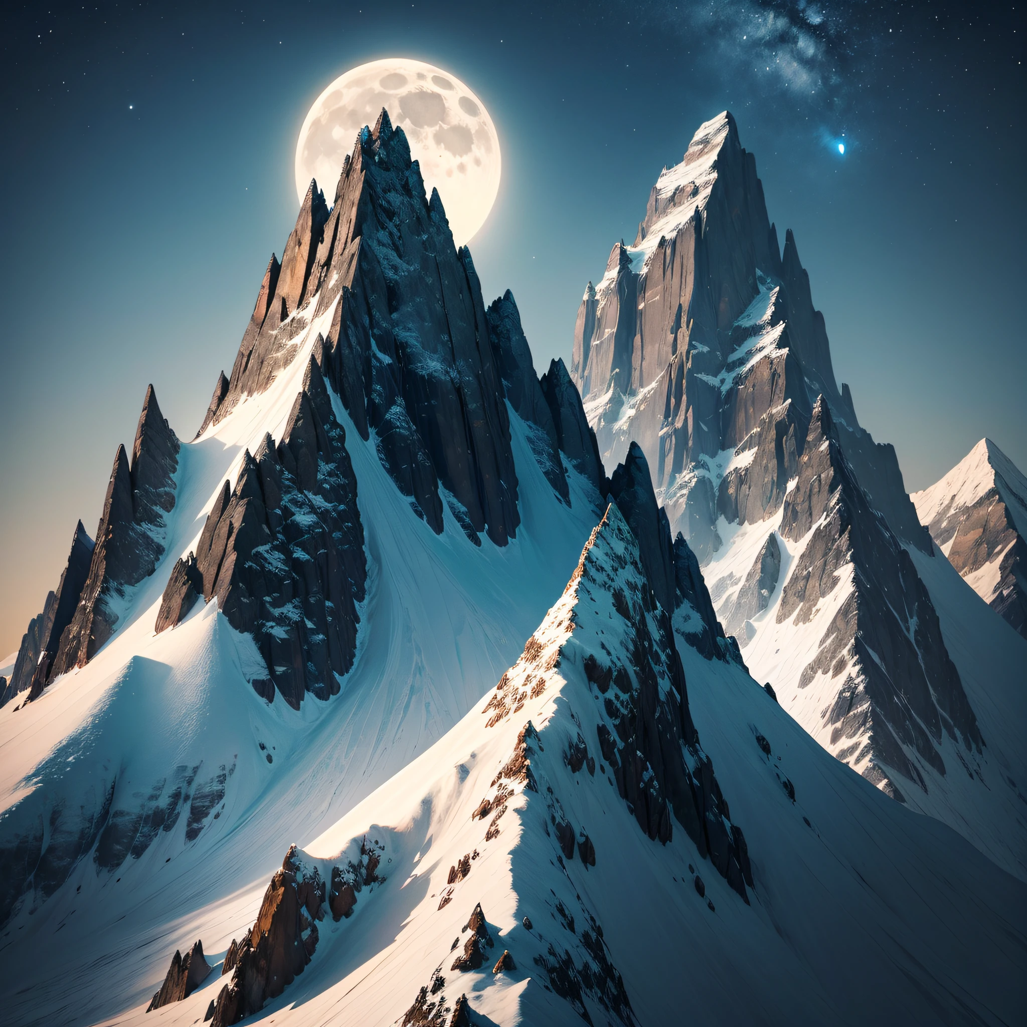 Mountain Peak with a Full Moon:
Gazing at a mountain peak under a full moon creates an awe-inspiring scene. The moonlight casts dramatic shadows, showcasing the rugged terrain.