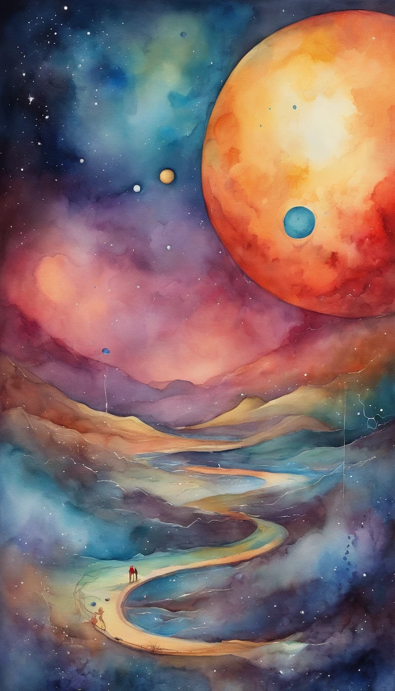 Colorful futuristic space illustration,There's a planet in the middle, a beautiful artwork illustration