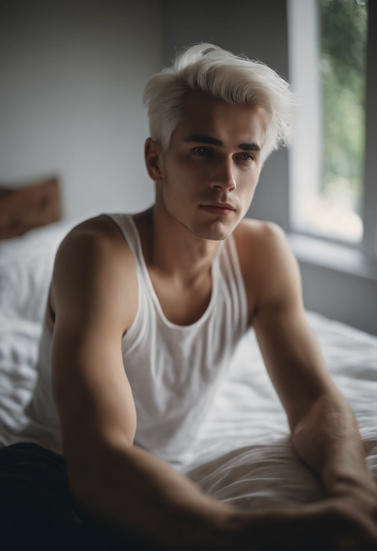 20-year-old male with white hair, two block haircut , dressed in a plain white tank top, lying on a bed, pensive expression , soft light