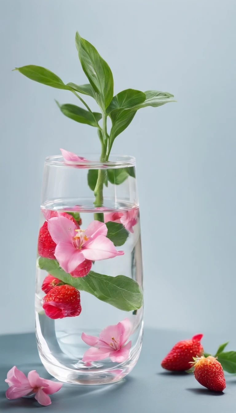 Middle transparent water cup,The environment is surrounded by flowers and plants