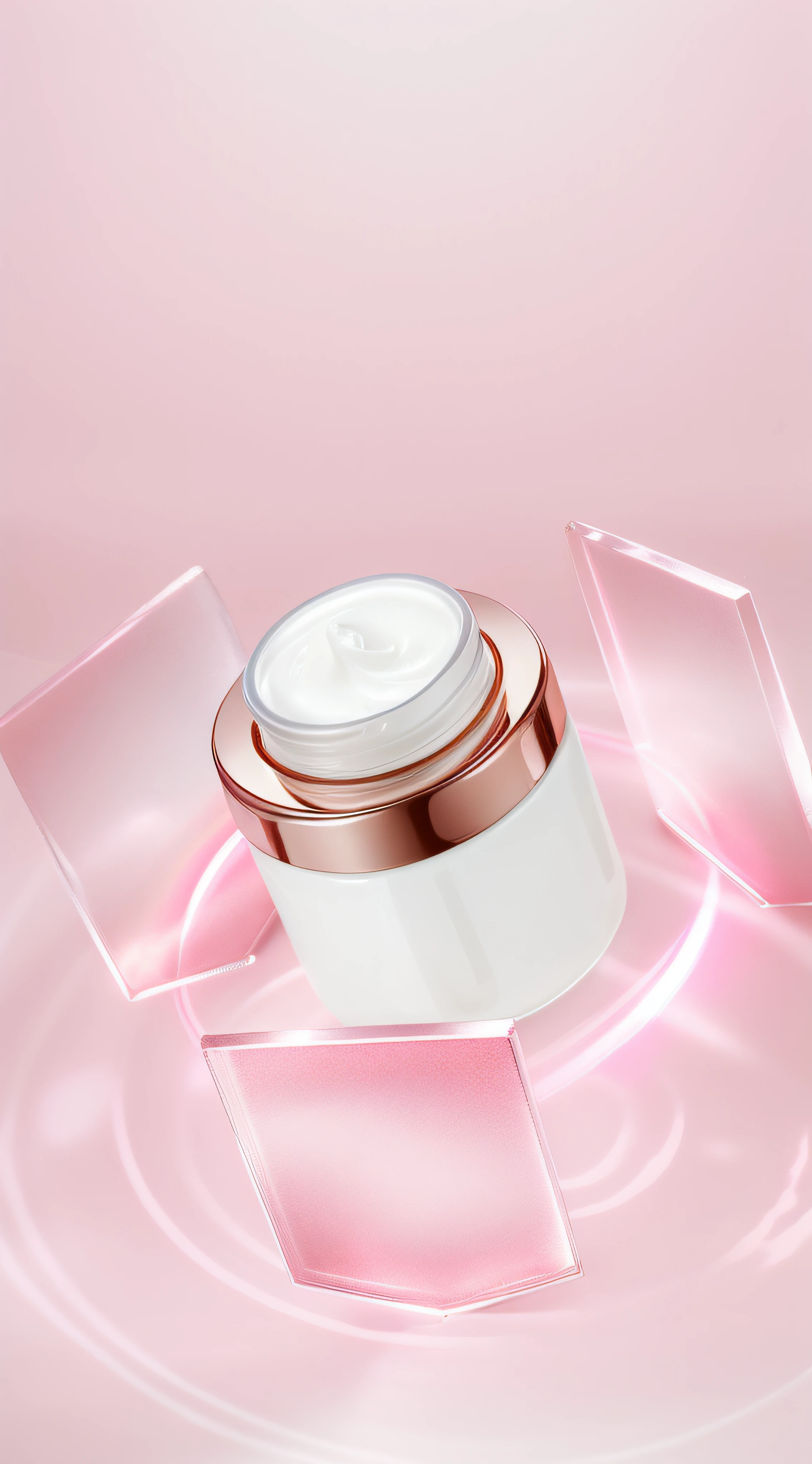 Close-up of a jar of cream on a pink surface, high quality topical render, 3 d white shiny thick, pearlescent white, transparent vibrant glowing skin, skin care, soft white glow, Skincare, Facial, Milky white skin, White shiny skin, Smooth translucent white skin, Pearlescent skin, glowing porcelain skin, Translucent white skin, bubbling skin