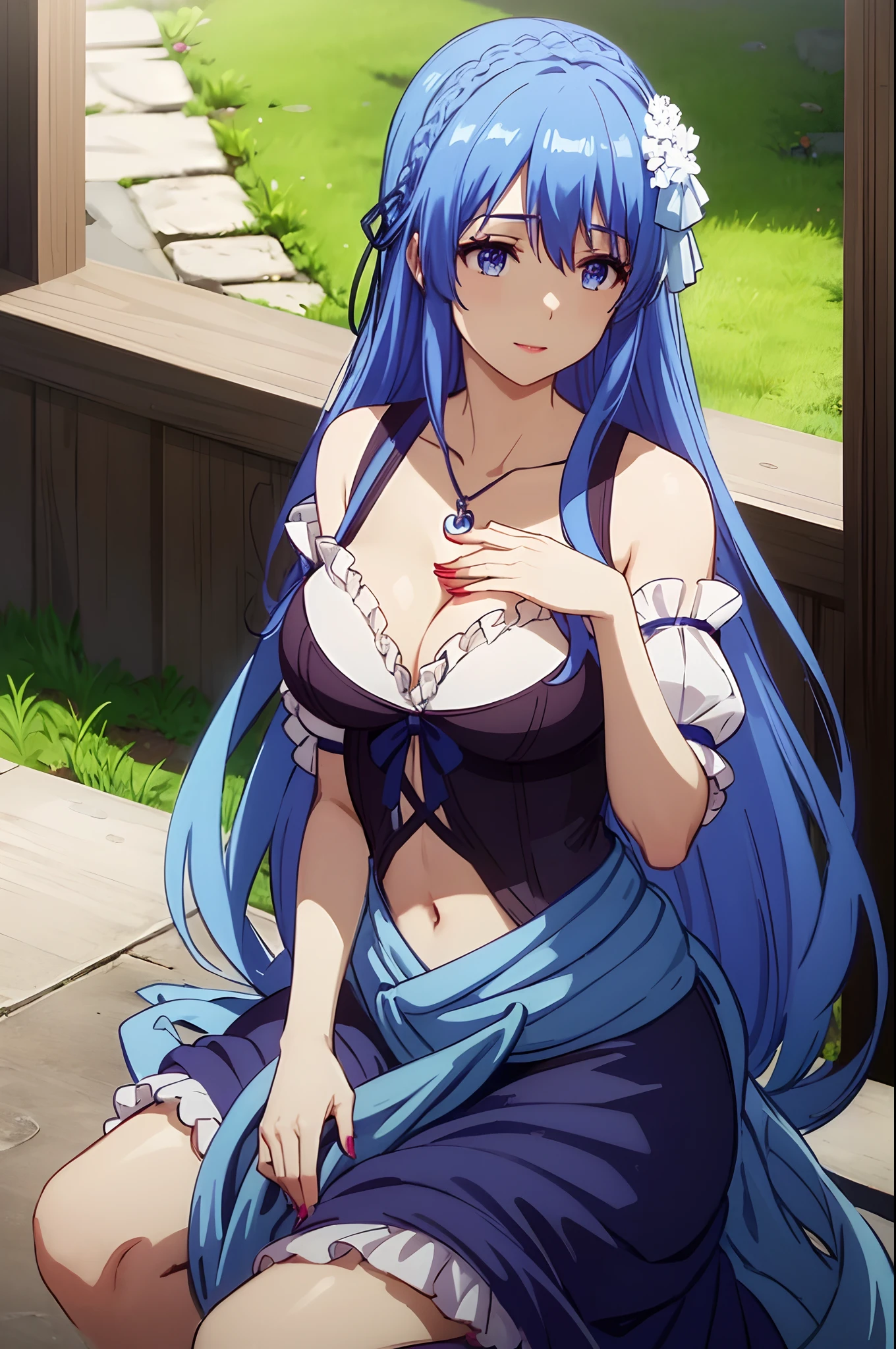 (masterpiece:1.2),(ambient soft lighting:1.2),beautiful,intricate,highly detailed digital illustration of yuexian,1girl,breasts,yae miko,blue hair,blue eyes,cleavage,solo,long hair,looking at viewer,jewelry,bangs,hair ornament,dress,red nails,hair between eyes,nail polish,wide sleeves,necklace,blush,crop top,navel,parted lips,petals,magical forest,( Sitting with hands forming a heart shape :1.2),long skirt,smiling,long shot,dreamlike setting,eerie,beautiful,colorful,cheerful,