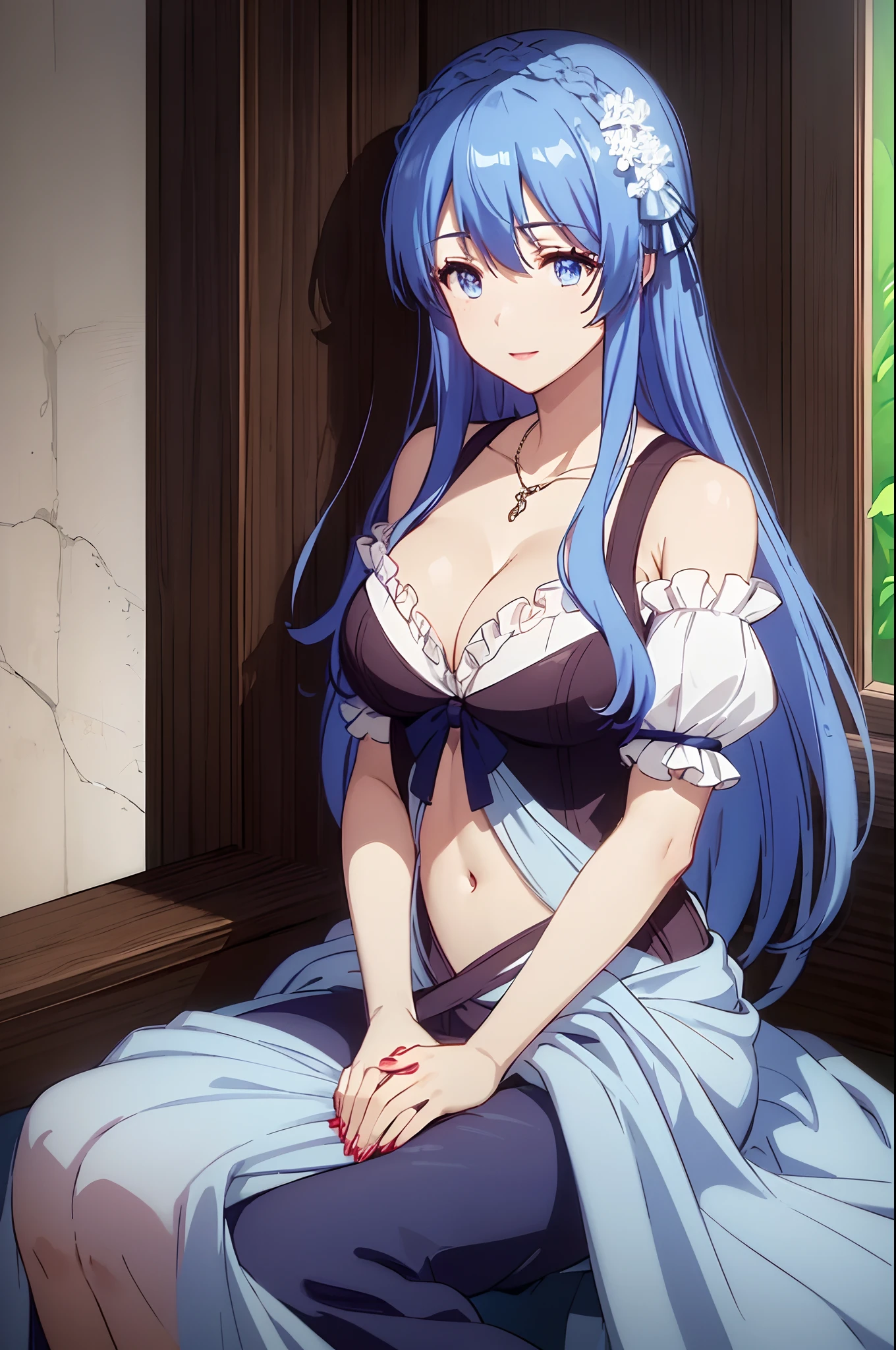 (masterpiece:1.2),(ambient soft lighting:1.2),beautiful,intricate,highly detailed digital illustration of yuexian,1girl,breasts,yae miko,blue hair,blue eyes,cleavage,solo,long hair,looking at viewer,jewelry,bangs,hair ornament,dress,red nails,hair between eyes,nail polish,wide sleeves,necklace,blush,crop top,navel,parted lips,petals,magical forest,( Sitting with hands forming a heart shape :1.2),long skirt,smiling,long shot,dreamlike setting,eerie,beautiful,colorful,cheerful,