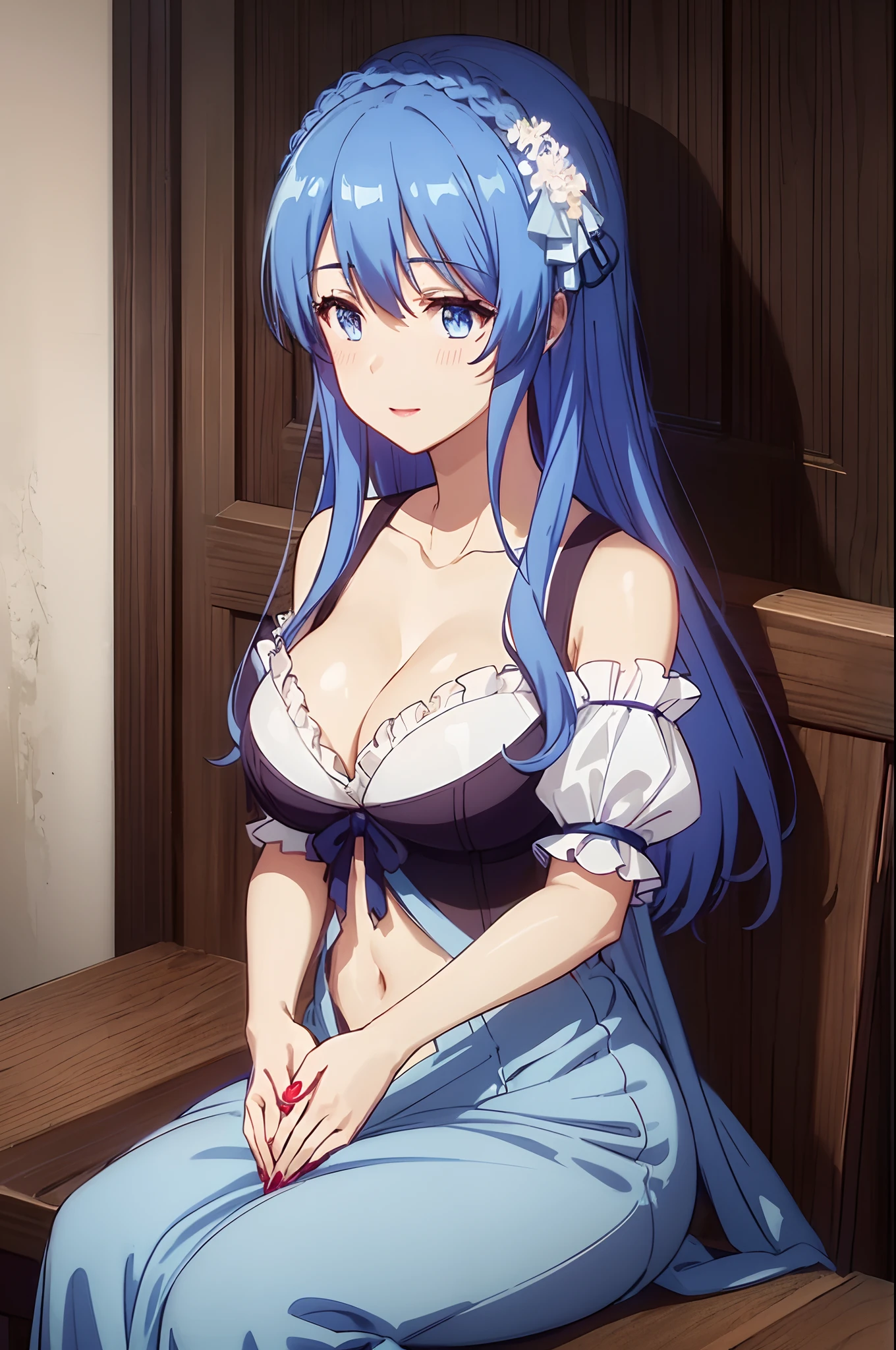 (masterpiece:1.2),(ambient soft lighting:1.2),beautiful,intricate,highly detailed digital illustration of yuexian,1girl,breasts,yae miko,blue hair,blue eyes,cleavage,solo,long hair,looking at viewer,jewelry,bangs,hair ornament,dress,red nails,hair between eyes,nail polish,wide sleeves,necklace,blush,crop top,navel,parted lips,petals,magical forest,( Sitting with hands forming a heart shape :1.2),long skirt,smiling,long shot,dreamlike setting,eerie,beautiful,colorful,cheerful,