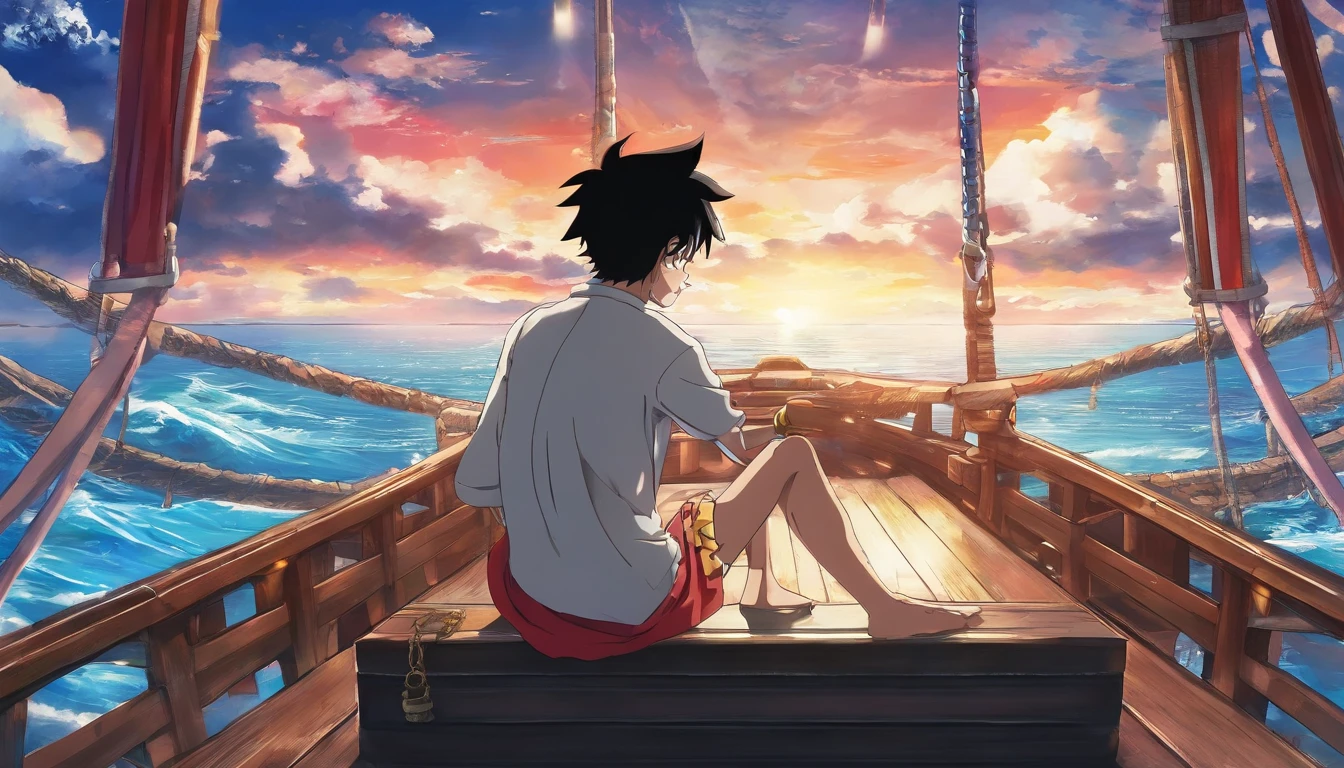 4k Resolution,Monkey D Luffy,One Piece,Pirate,(Inaki Goody as Monkey D Luffy),Real Man, Smile and Enjoy Face,Ultra Details,Realistic, High Detailed,(He Sit at the front of Pirate Ship,Name (The Thousand Sunny),Drone View, Ocean, Colourful Lighting, Romance,