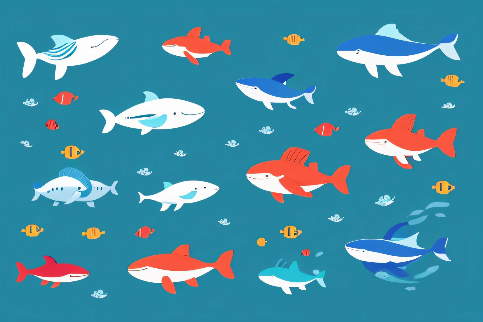 simple, vector, 4k, cheerful, illustration, under water, sea, kids background, colorful, reef, flat color, whale